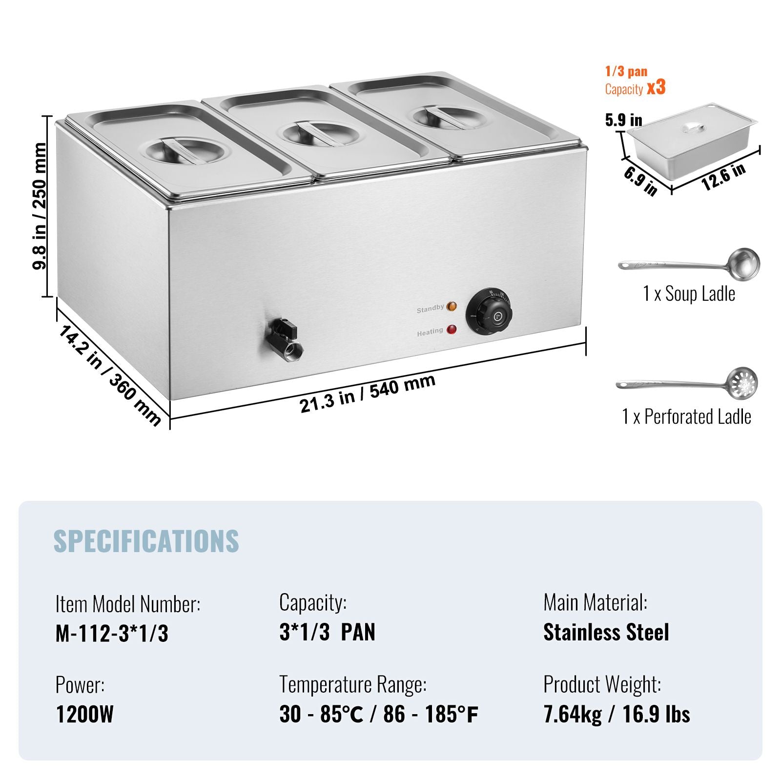 3-Pan Commercial Food Warmer, 16.5L Electric Steam Table, 1200W Professional Countertop Stainless Steel Buffet Bain Marie with 30 - 85℃ Temp Control for Catering and Restaurants, Silver