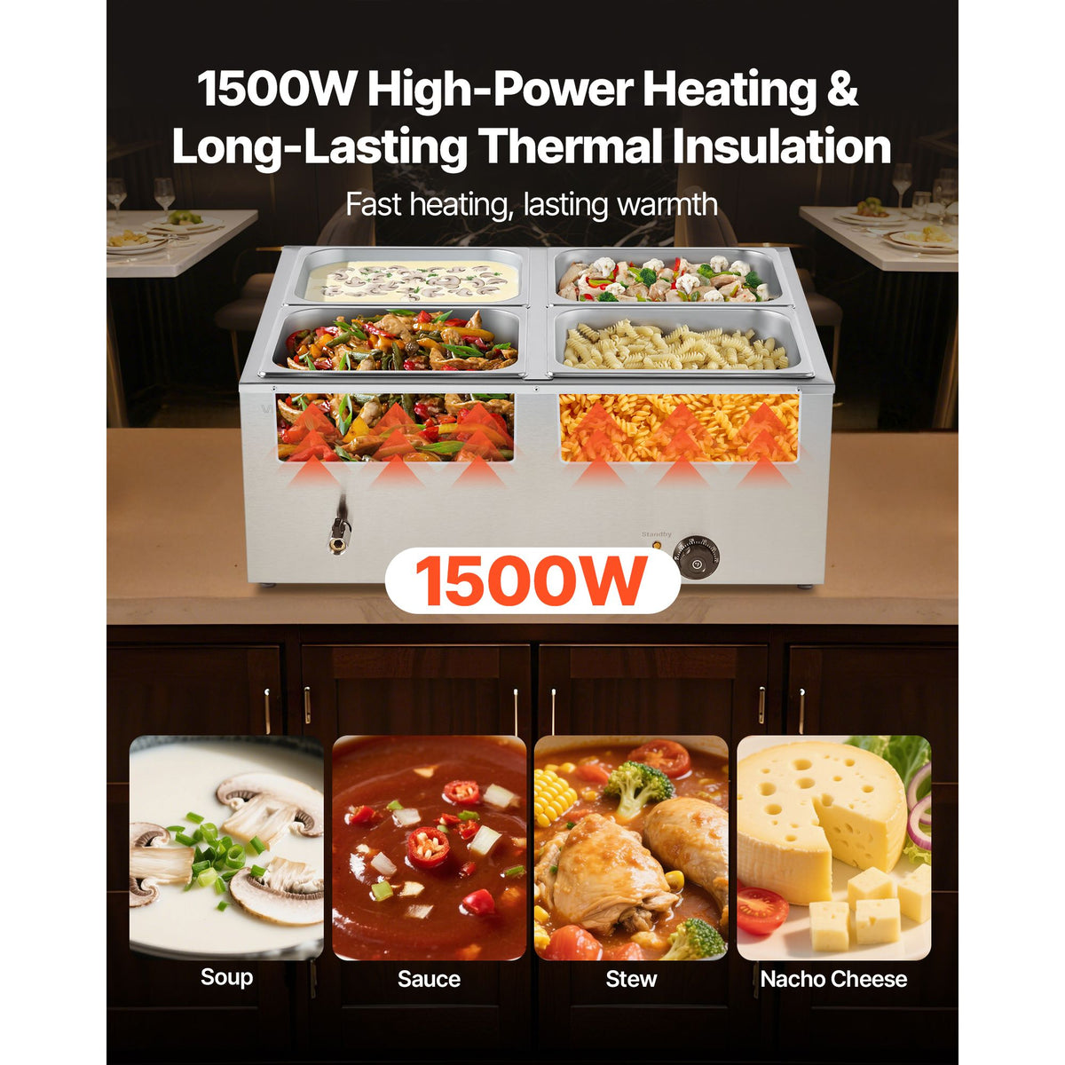 Commercial Food Warmer 1500W 4 Pan Electric Bain Marie Buffet Steam Table