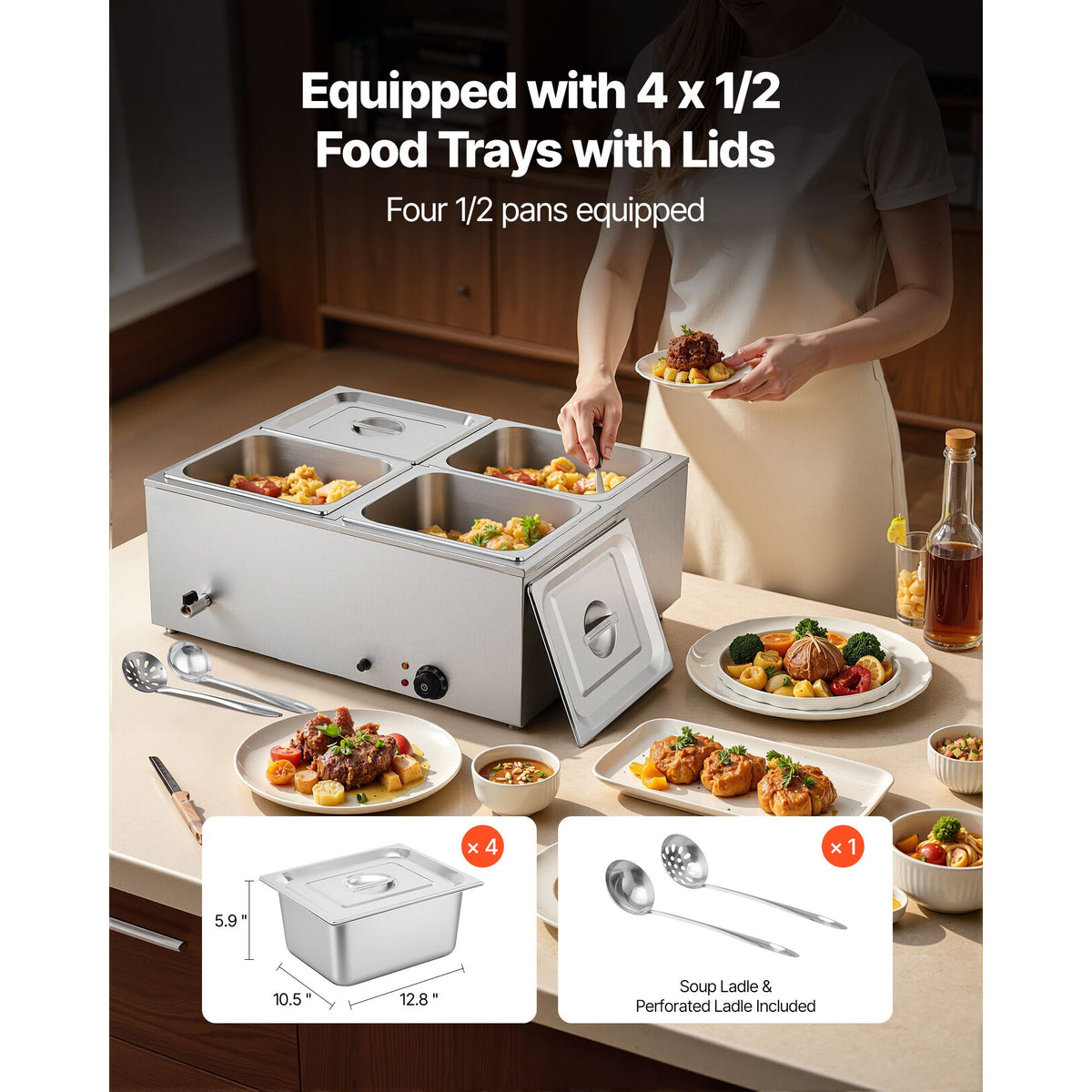 Commercial Food Warmer 1500W 4 Pan Electric Bain Marie Buffet Steam Table