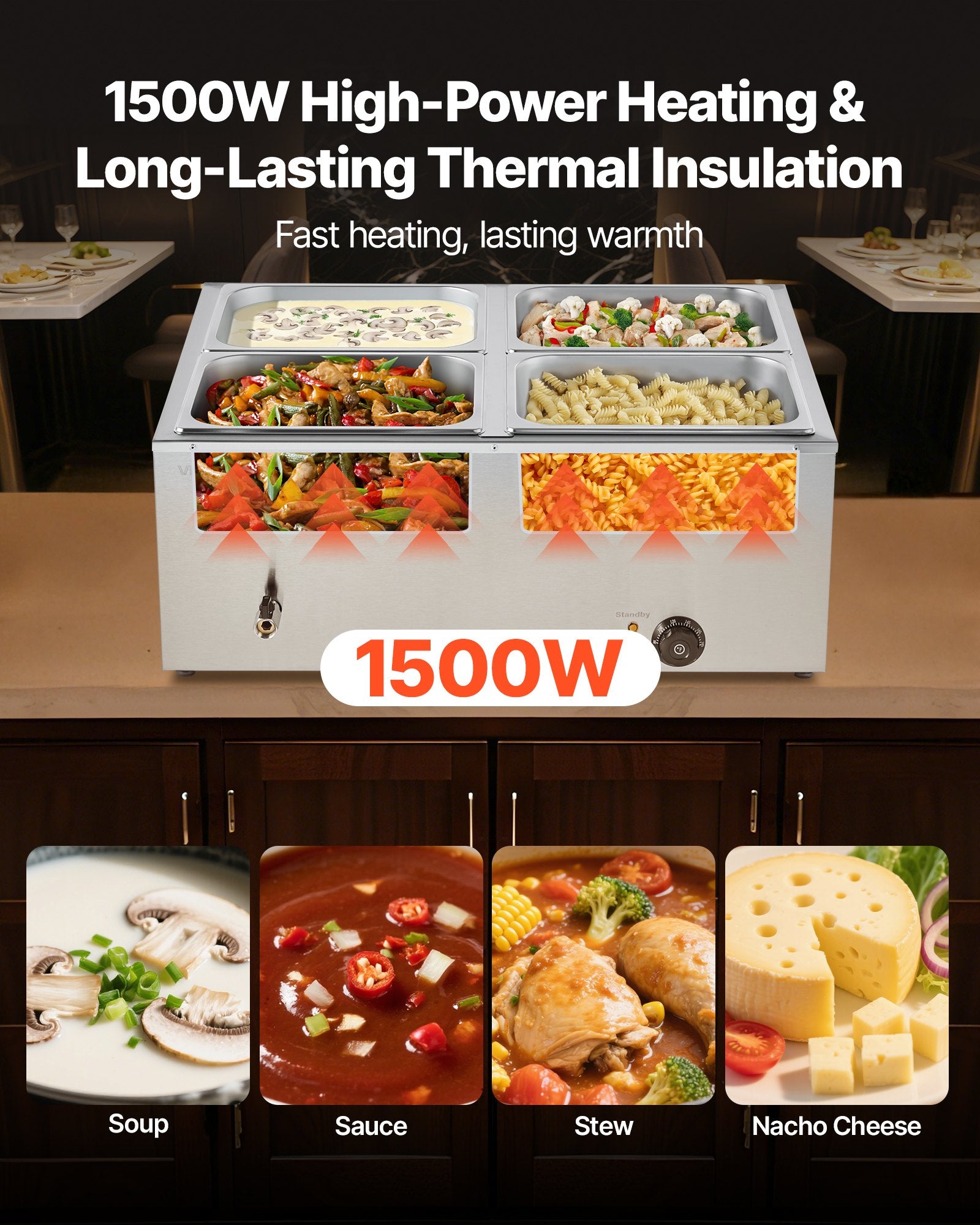 Commercial Food Warmer, 1500W Electric Stainless Steel Steam Food Warmer with Lid, 4-Pan Fast Heating Countertop Buffet Bain Marie with Soup & Perforated Ladles, for Catering, Restaurant, Party