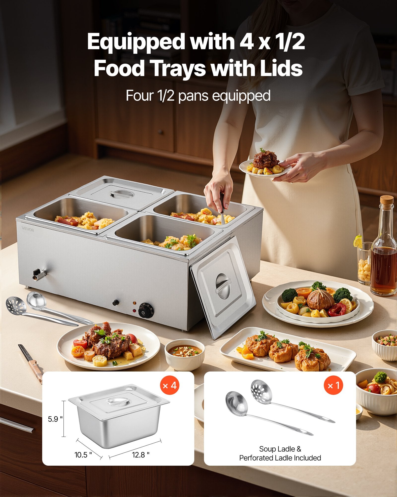 Commercial Food Warmer, 1500W Electric Stainless Steel Steam Food Warmer with Lid, 4-Pan Fast Heating Countertop Buffet Bain Marie with Soup & Perforated Ladles, for Catering, Restaurant, Party