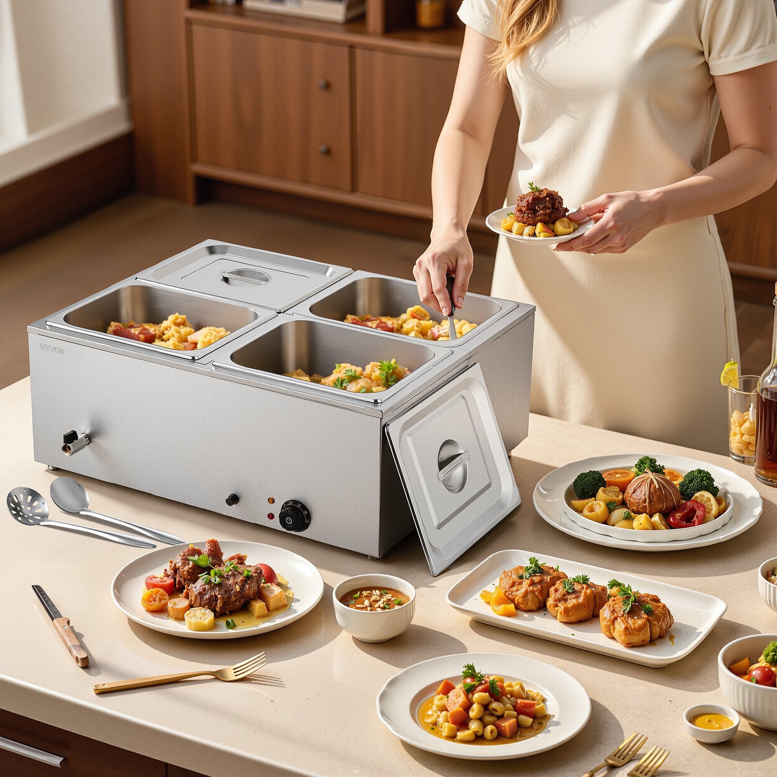 Commercial Food Warmer, 1500W Electric Stainless Steel Steam Food Warmer with Lid, 4-Pan Fast Heating Countertop Buffet Bain Marie with Soup & Perforated Ladles, for Catering, Restaurant, Party