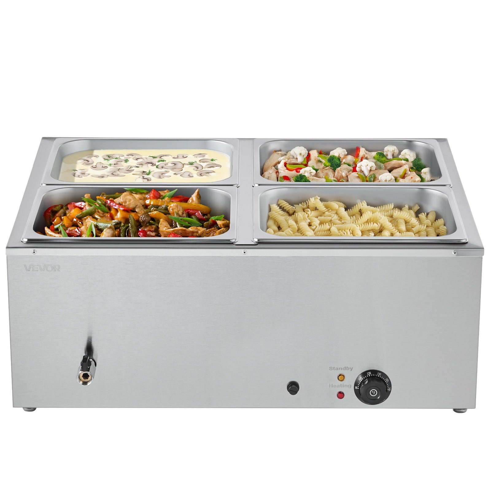 Commercial Food Warmer, 1500W Electric Stainless Steel Steam Food Warmer with Lid, 4-Pan Fast Heating Countertop Buffet Bain Marie with Soup & Perforated Ladles, for Catering, Restaurant, Party