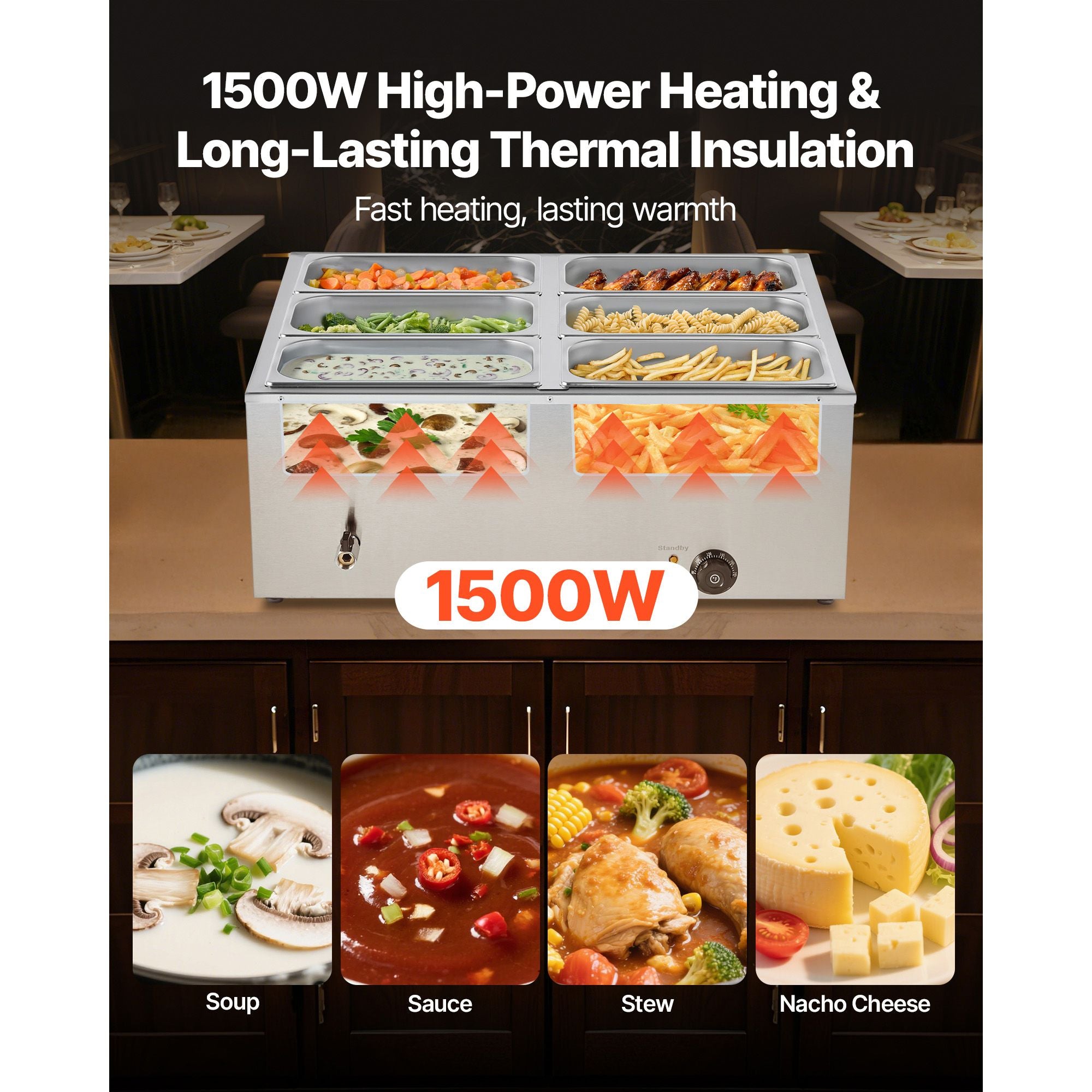 Commercial Food Warmer 1500W 6 Pan Electric Bain Marie Buffet Steam Table