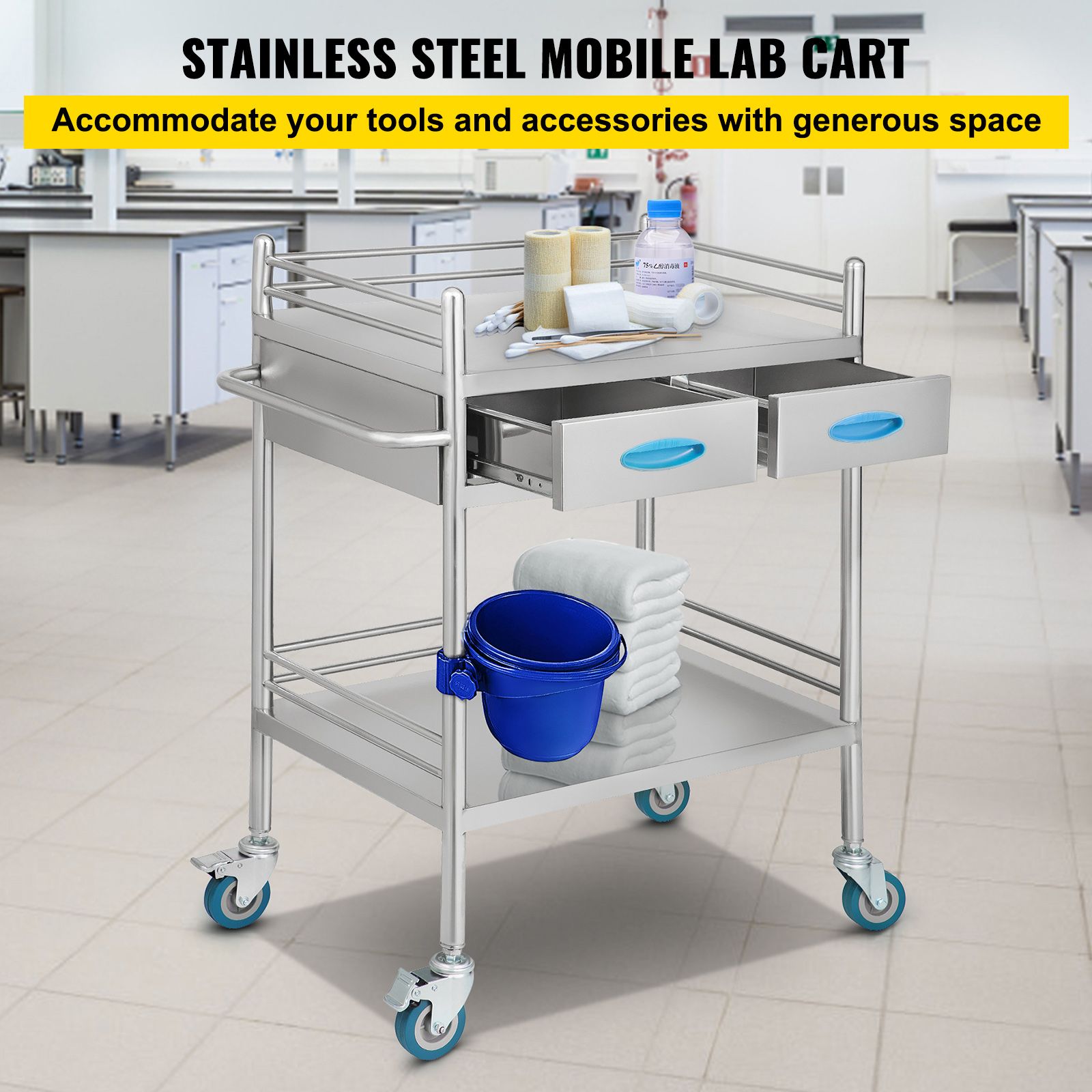 Lab Serving Cart, 2 Layers Stainless Steel Utility Rolling Cart, Medical Cart with Two Drawers, Dental Utility Cart with Lockable Wheels and A Bucket, for Laboratory, Hospital, Dental Use