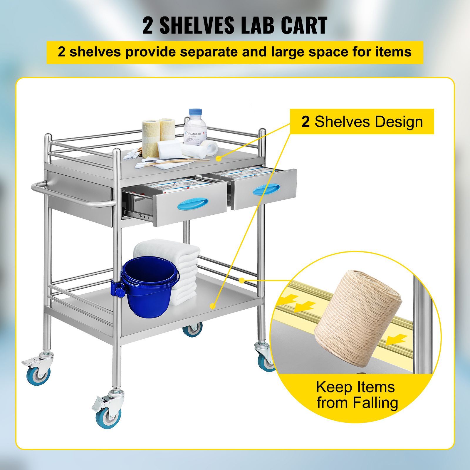 Lab Serving Cart, 2 Layers Stainless Steel Utility Rolling Cart, Medical Cart with Two Drawers, Dental Utility Cart with Lockable Wheels and A Bucket, for Laboratory, Hospital, Dental Use