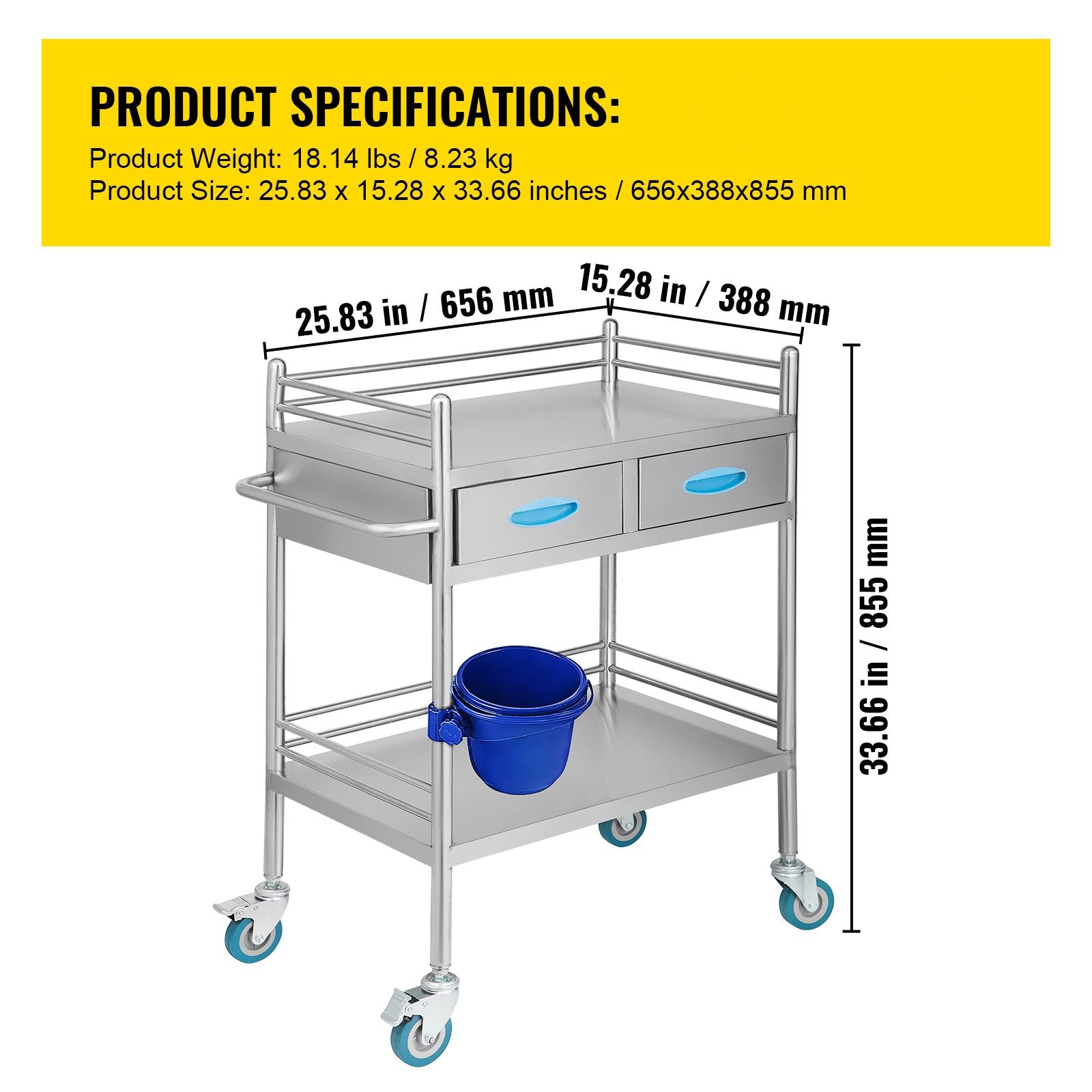 Lab Serving Cart, 2 Layers Stainless Steel Utility Rolling Cart, Medical Cart with Two Drawers, Dental Utility Cart with Lockable Wheels and A Bucket, for Laboratory, Hospital, Dental Use