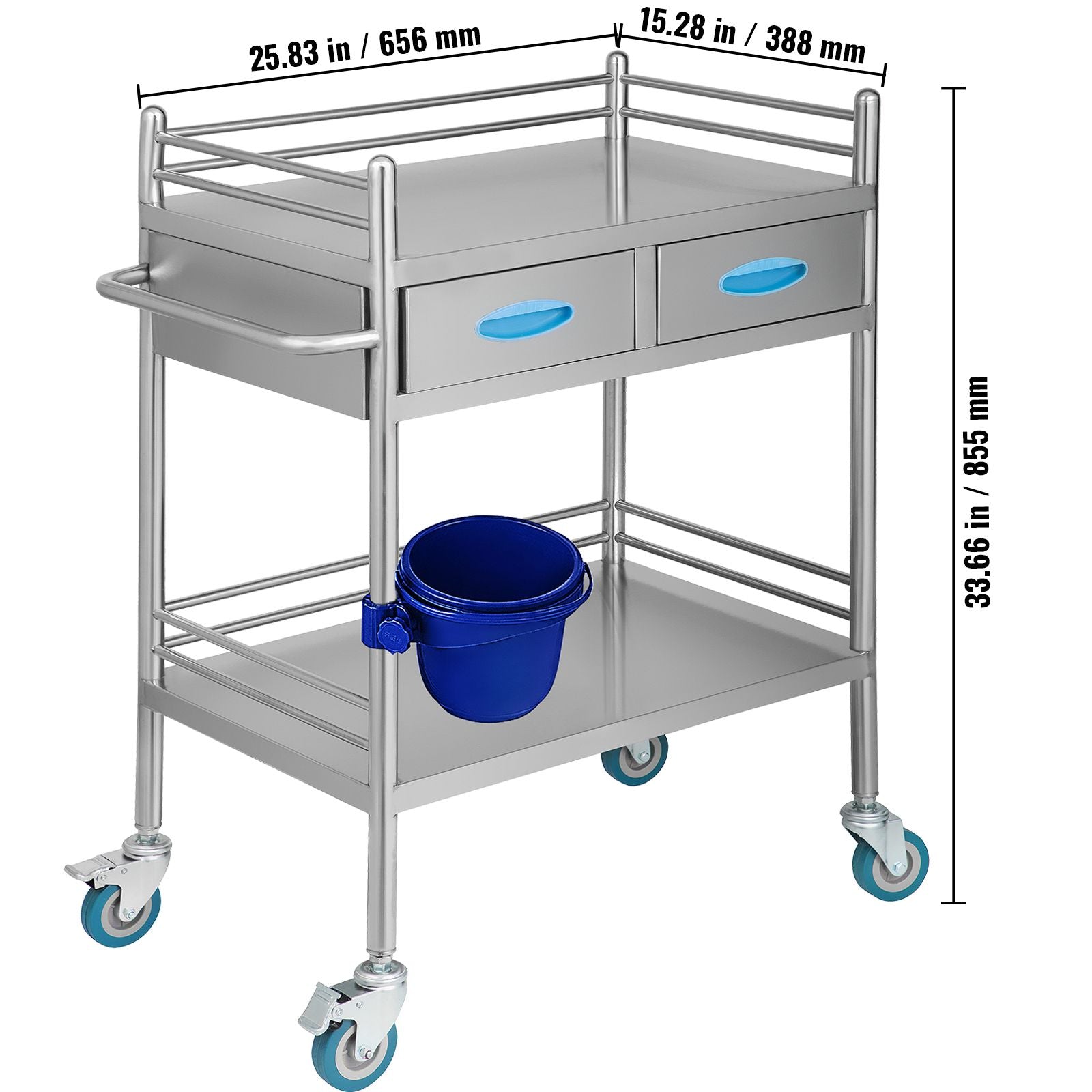 Lab Serving Cart, 2 Layers Stainless Steel Utility Rolling Cart, Medical Cart with Two Drawers, Dental Utility Cart with Lockable Wheels and A Bucket, for Laboratory, Hospital, Dental Use