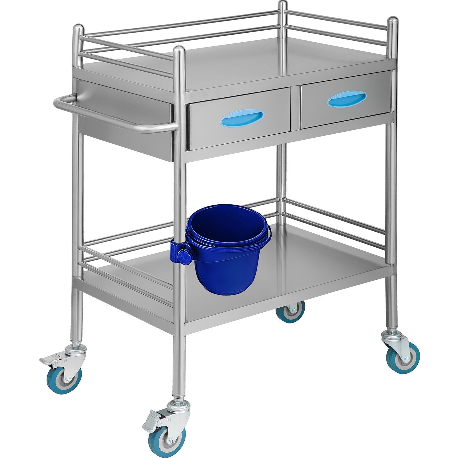 Lab Serving Cart, 2 Layers Stainless Steel Utility Rolling Cart, Medical Cart with Two Drawers, Dental Utility Cart with Lockable Wheels and A Bucket, for Laboratory, Hospital, Dental Use
