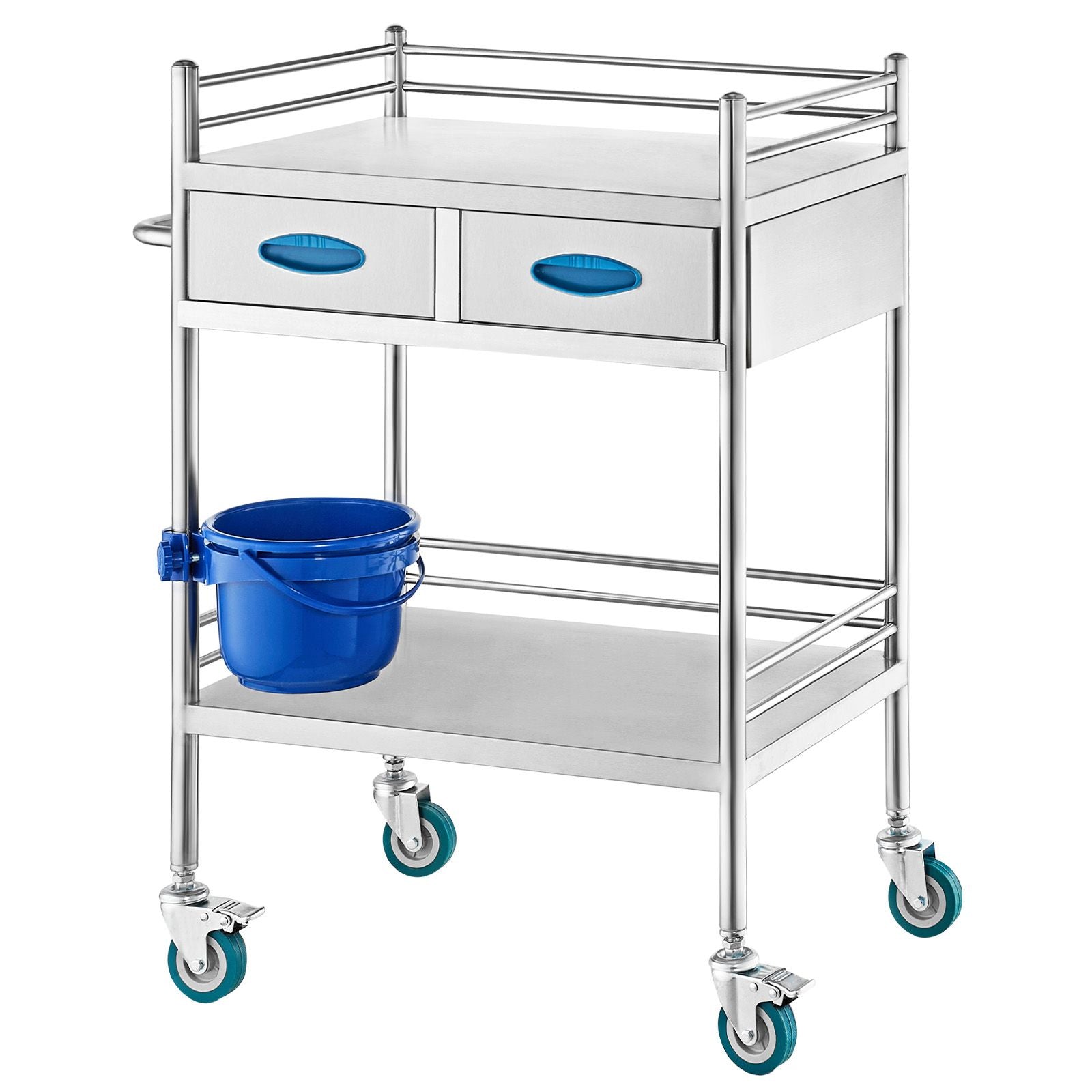 Lab Serving Cart, 2 Layers Stainless Steel Utility Rolling Cart, Medical Cart with Two Drawers, Dental Utility Cart with Lockable Wheels and A Bucket, for Laboratory, Hospital, Dental Use