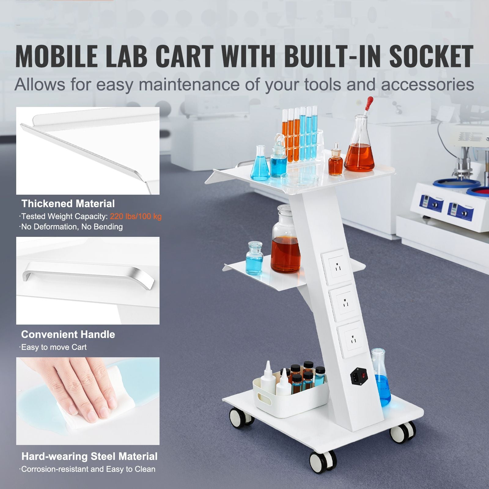 Trolley Cart Dental Lab Mobile Rolling Serving Cart 3 Layers with Socket