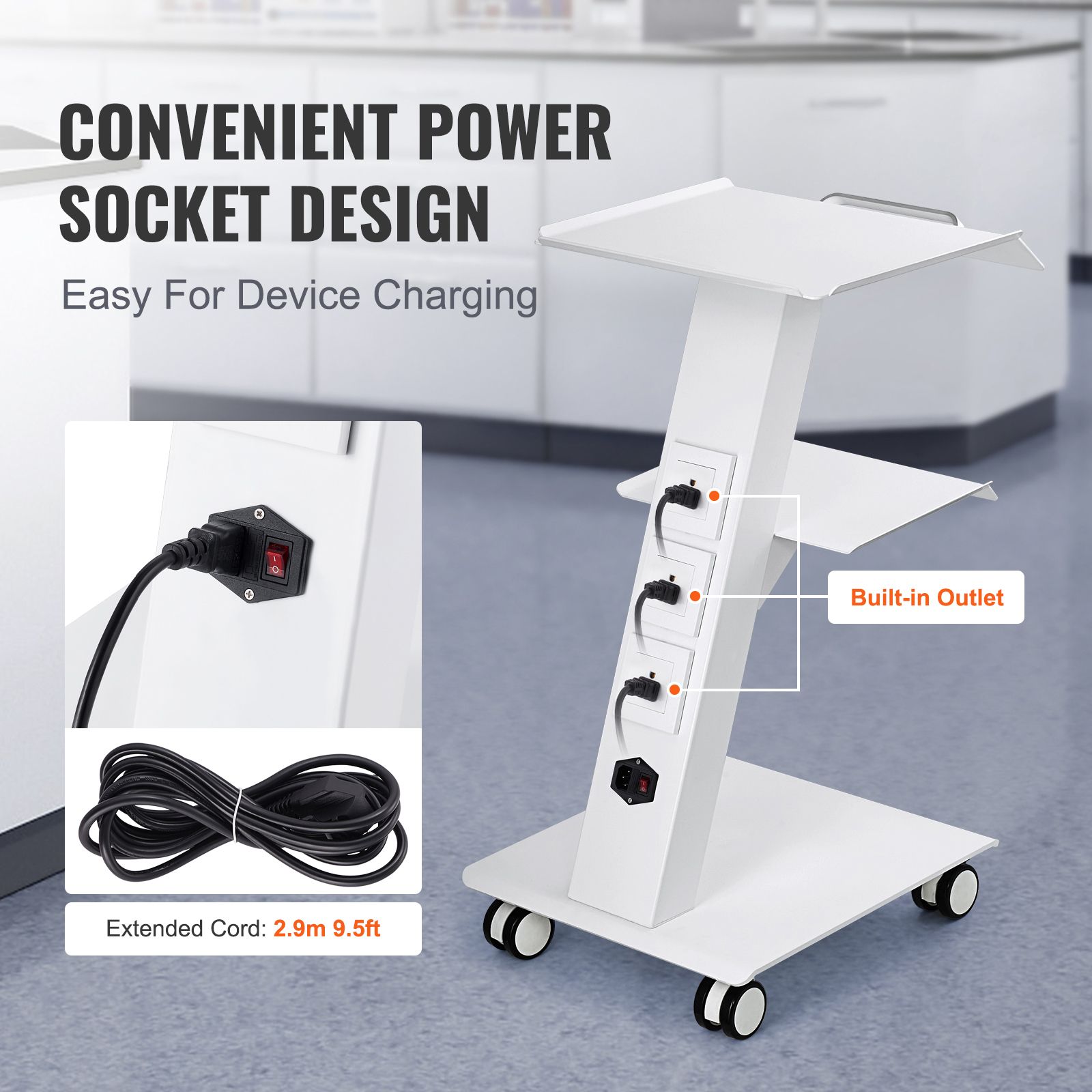 Trolley Cart Dental Lab Mobile Rolling Serving Cart 3 Layers with Socket