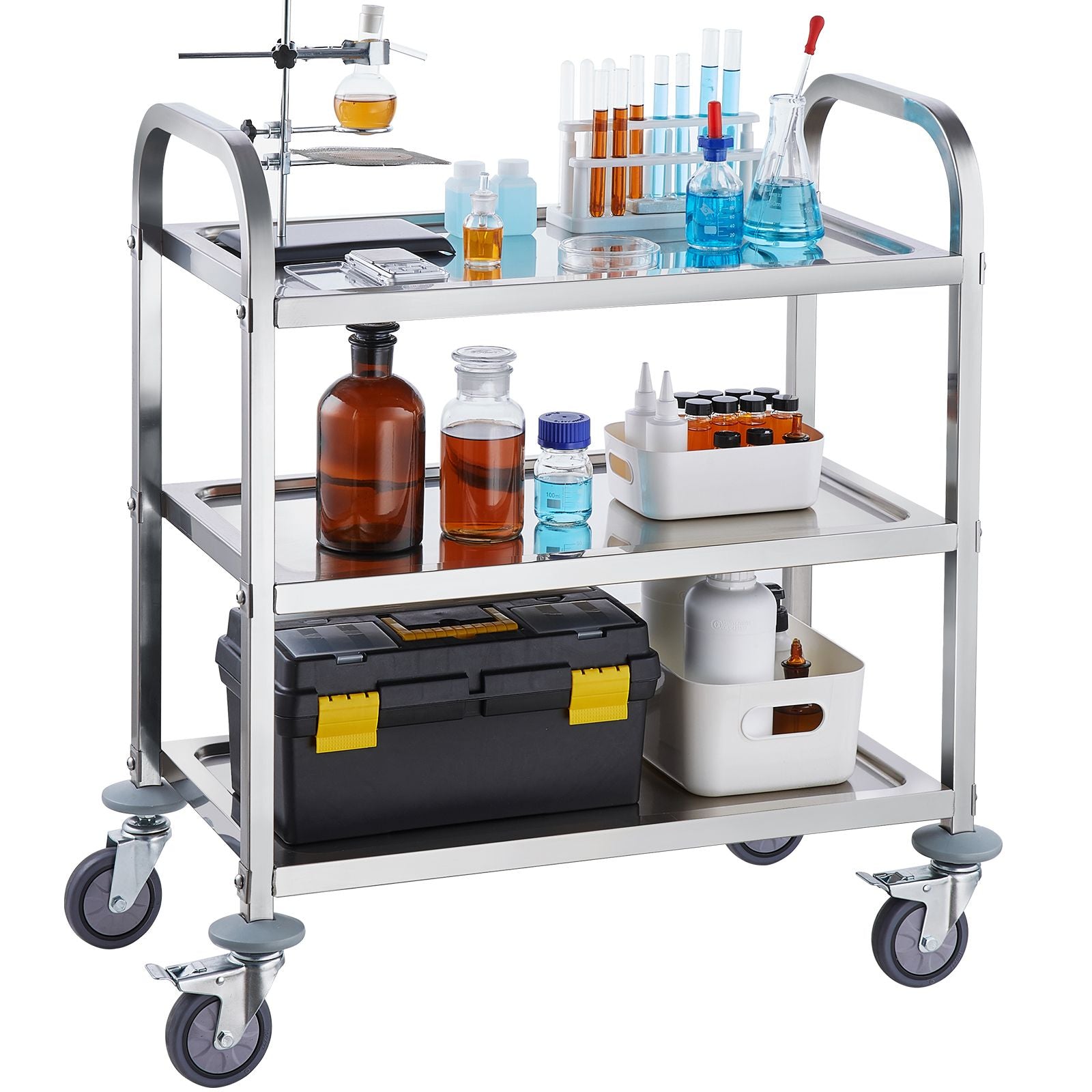 3 Tier Stainless Steel Utility Cart with Lockable Wheels 181kg Capacity
