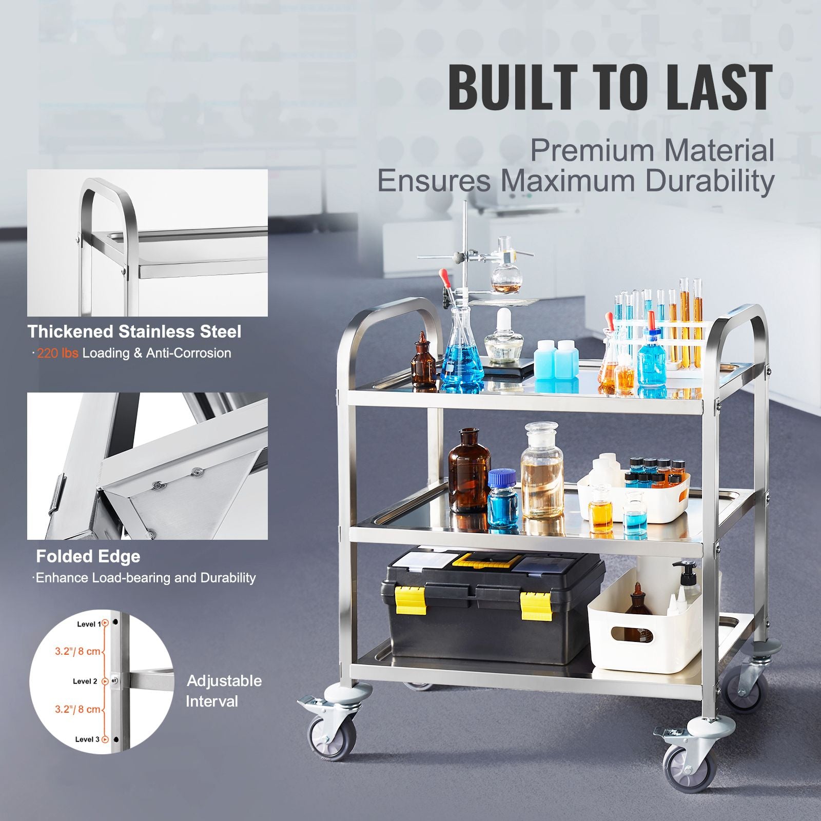3 Tier Stainless Steel Utility Cart with Lockable Wheels 181kg Capacity