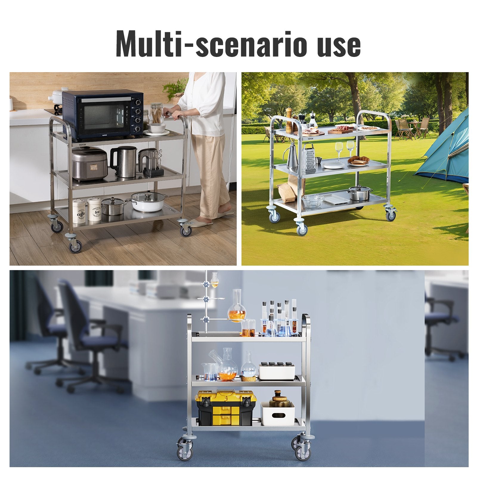 Stainless Steel Cart, 3 Layers Lab Utility Cart 181 kg Weight Capacity, Medical Cart with Lockable Universal Wheels, for Lab, Clinic, Kitchen, Salon