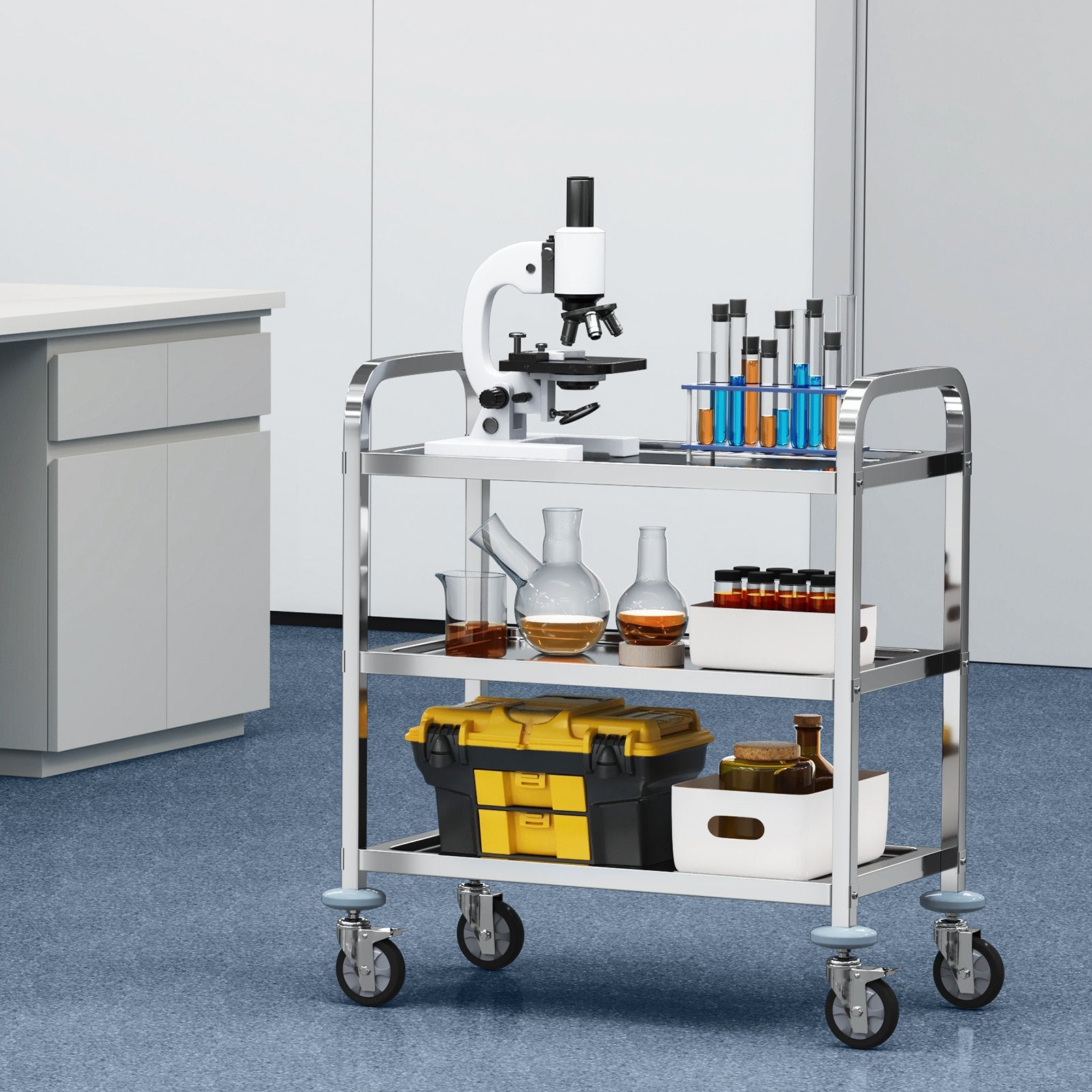 Stainless Steel Cart, 3 Layers Lab Utility Cart 181 kg Weight Capacity, Medical Cart with Lockable Universal Wheels, for Lab, Clinic, Kitchen, Salon