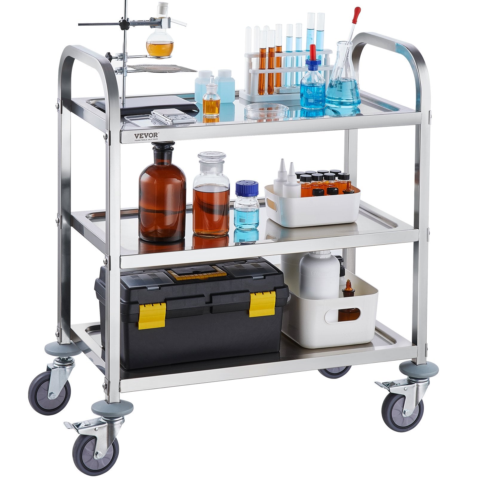 Stainless Steel Cart, 3 Layers Lab Utility Cart 181 kg Weight Capacity, Medical Cart with Lockable Universal Wheels, for Lab, Clinic, Kitchen, Salon