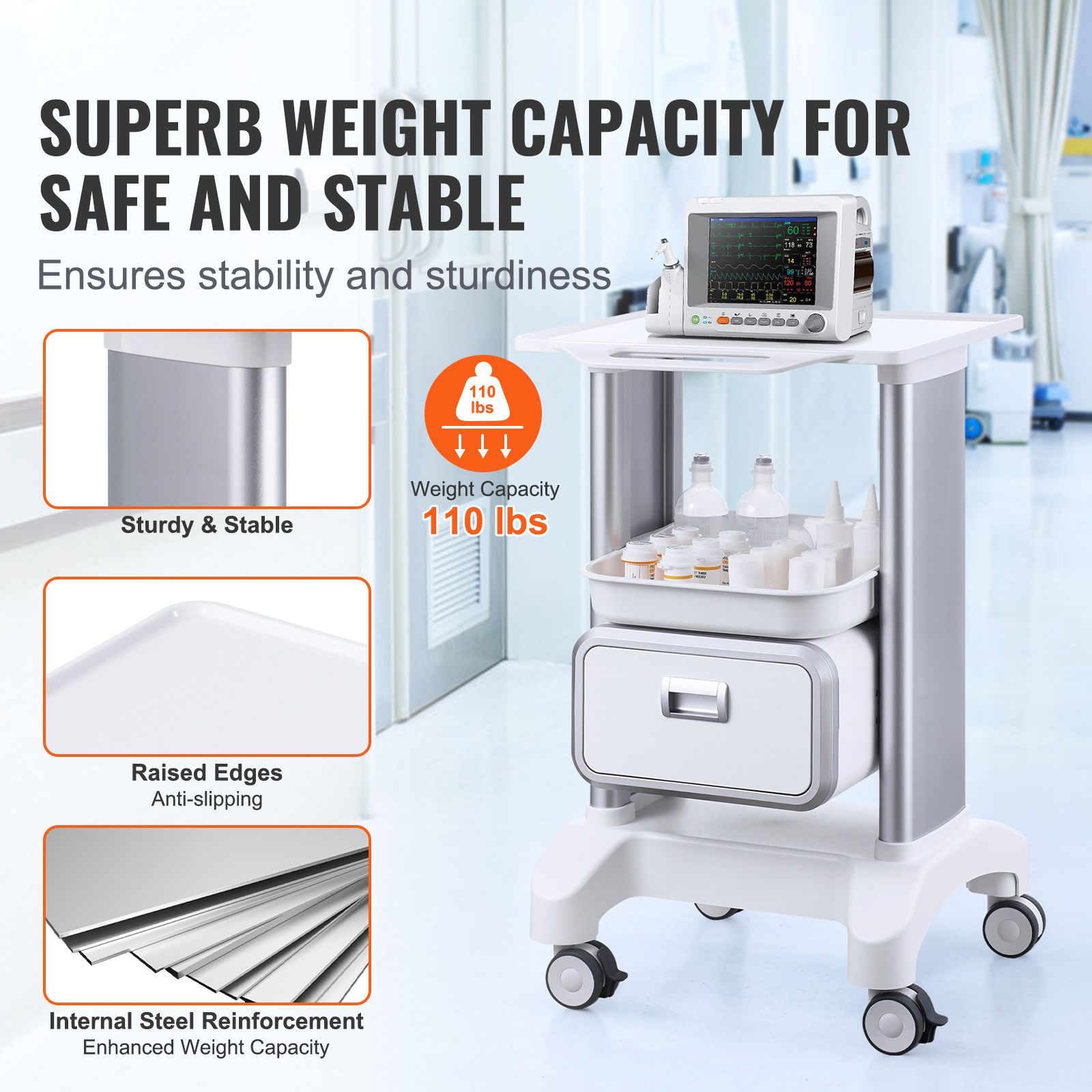2 Tiers Lab Carts Mobile Medical Cart with 1 Drawer & 1 Top Tray White