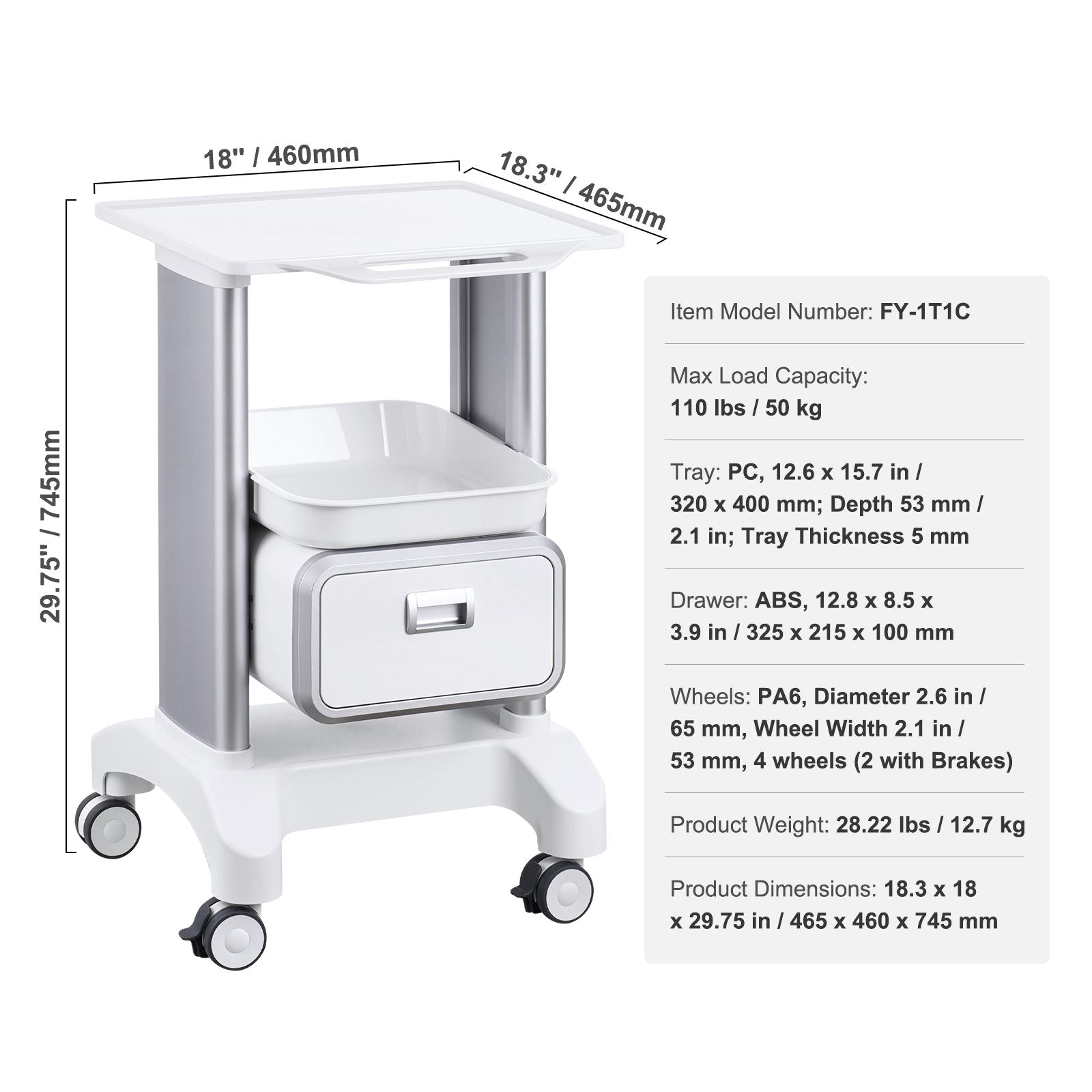 2 Tiers Lab Carts Mobile Medical Cart with 1 Drawer & 1 Top Tray White