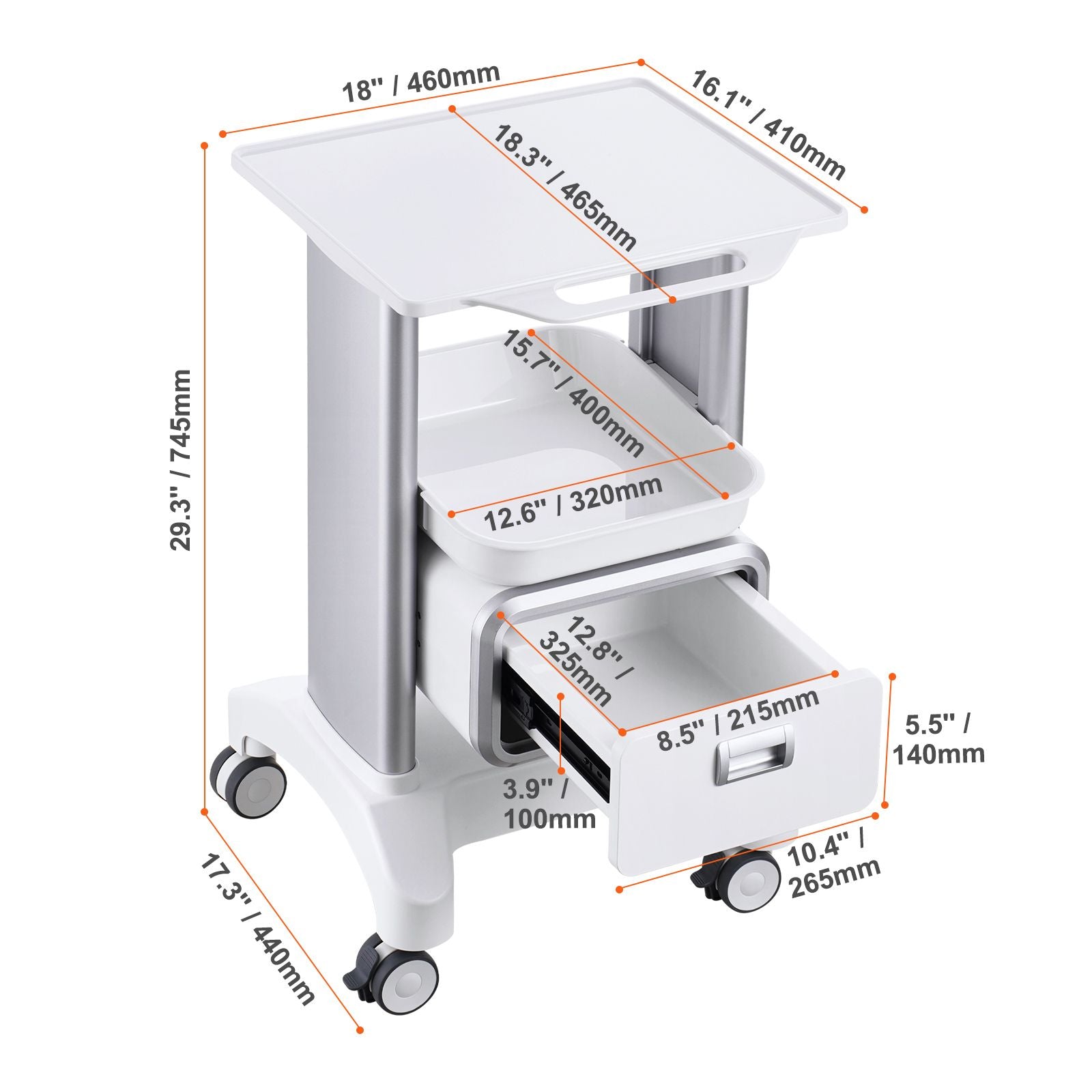2 Tiers Lab Carts Mobile Medical Cart with 1 Drawer & 1 Top Tray White