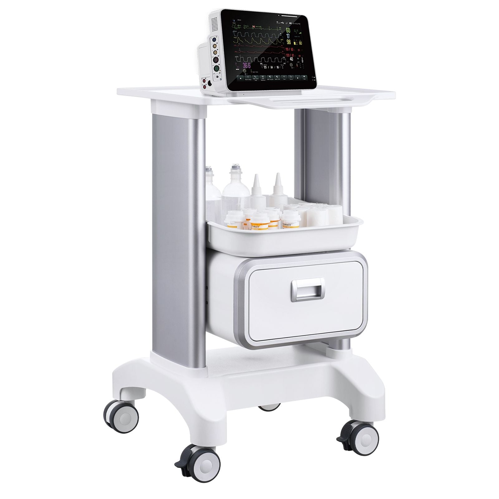 2 Tiers Lab Carts Mobile Medical Cart with 1 Drawer & 1 Top Tray White
