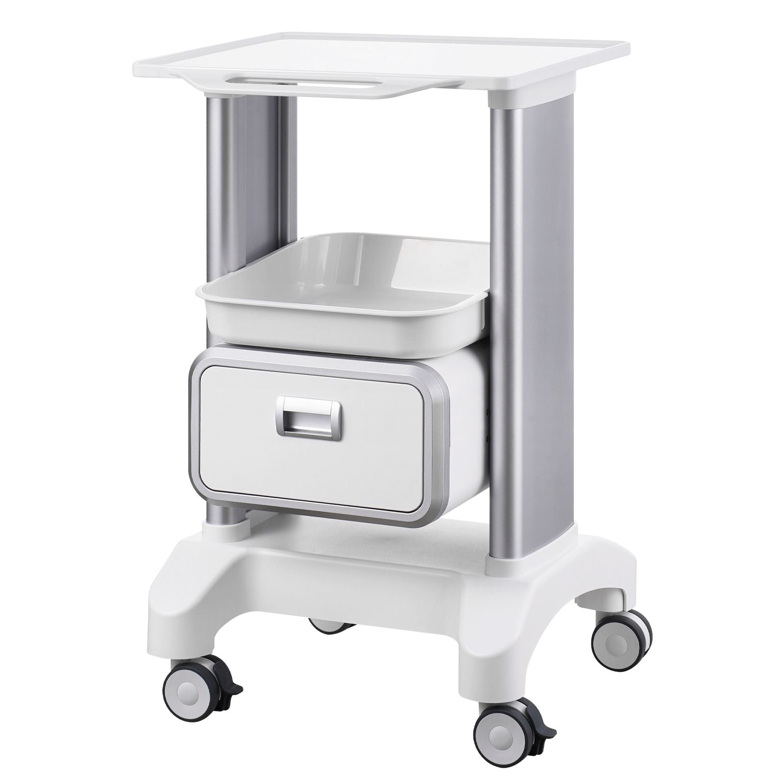 2 Tiers Lab Carts Mobile Medical Cart with 1 Drawer & 1 Top Tray White