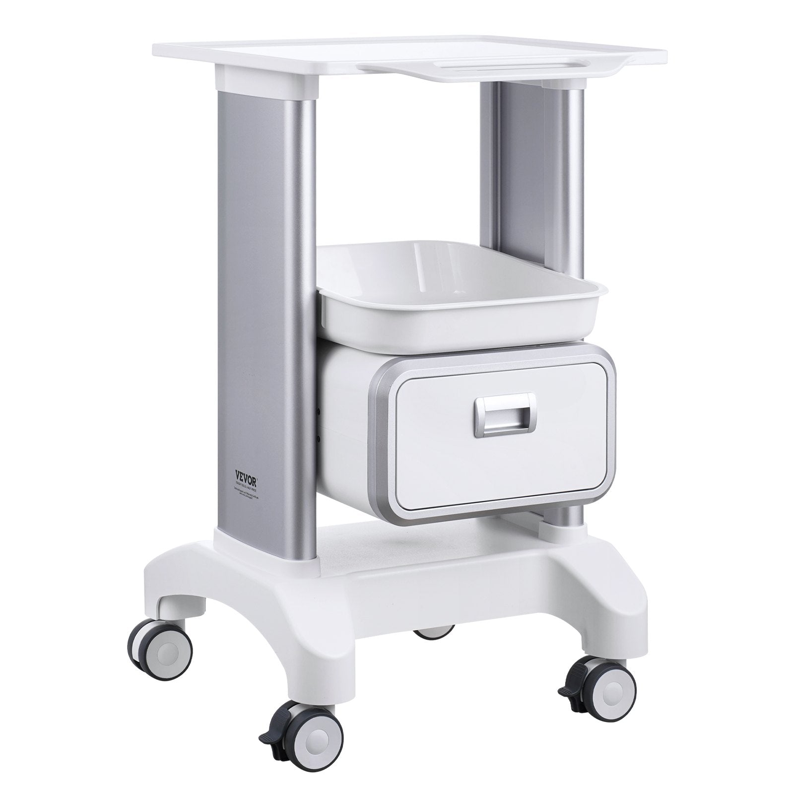 2 Tiers Lab Carts Mobile Medical Cart with 1 Drawer & 1 Top Tray White