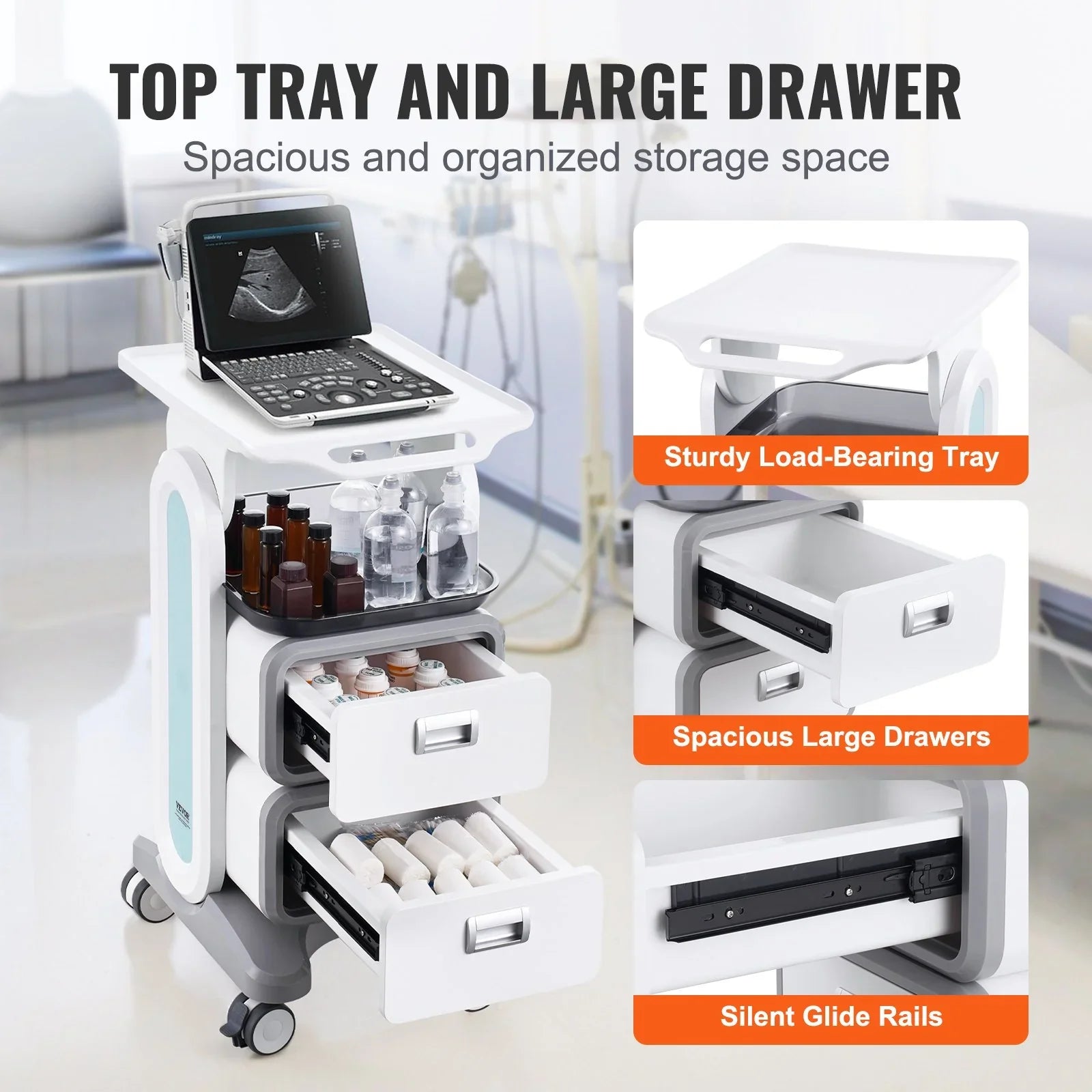 3 Tiers Lab Carts, Lab Utility Cart with 2 Drawers & 1 Top Tray, Mobile Medical Cart with ABS Material, Lab Rolling Cart with 4 Silent Wheels for Lab, Clinic, Hospital, Salon, White