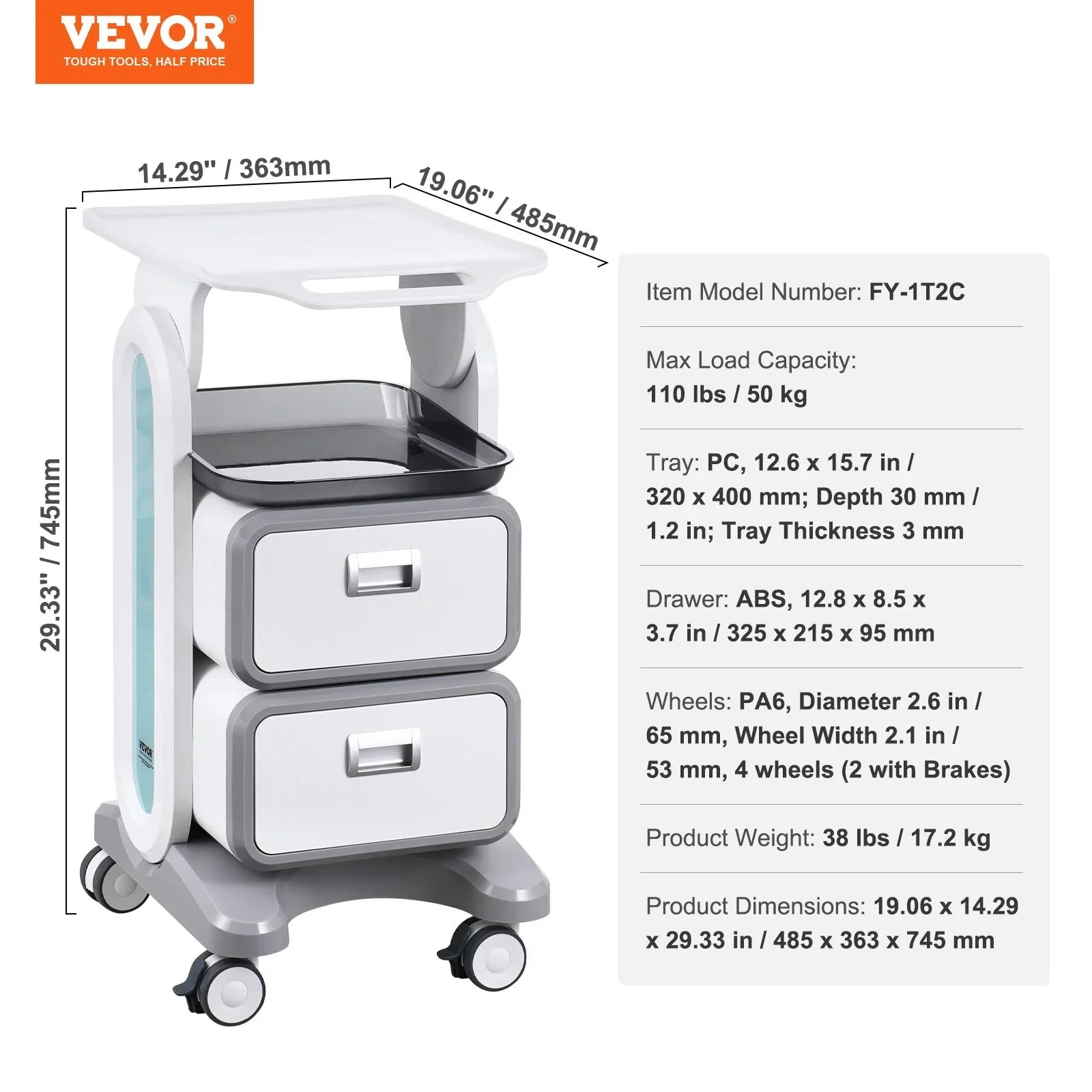 3 Tiers Lab Carts, Lab Utility Cart with 2 Drawers & 1 Top Tray, Mobile Medical Cart with ABS Material, Lab Rolling Cart with 4 Silent Wheels for Lab, Clinic, Hospital, Salon, White