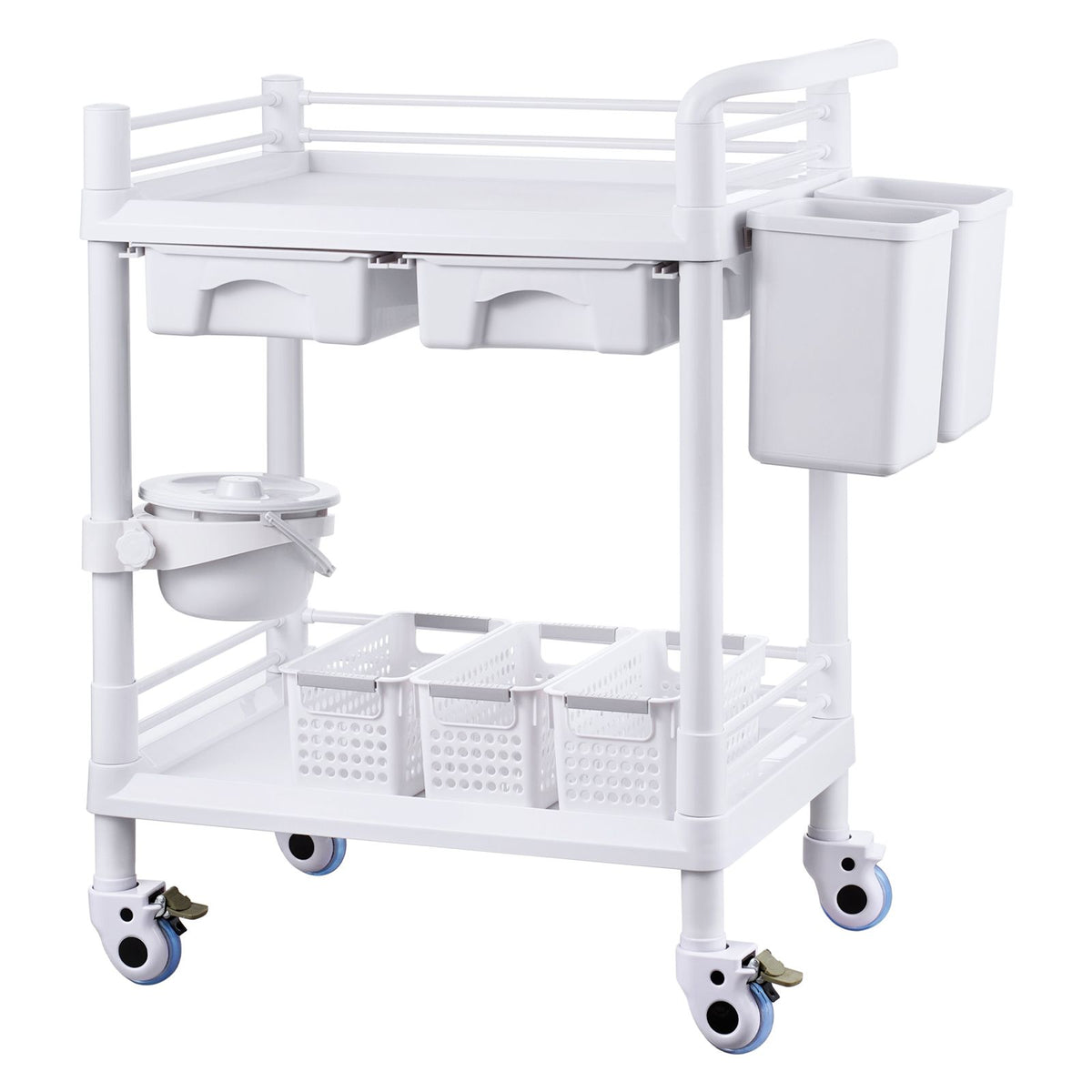 2 Tiers Lab Carts, Lab Utility Cart with 2 Trays, 2 Drawers & 4 Silent Wheels, Mobile Medical Cart with PP Material, Lab Rolling Cart with 3 Trash Cans for Lab, Clinic, Hospital, Salon, White