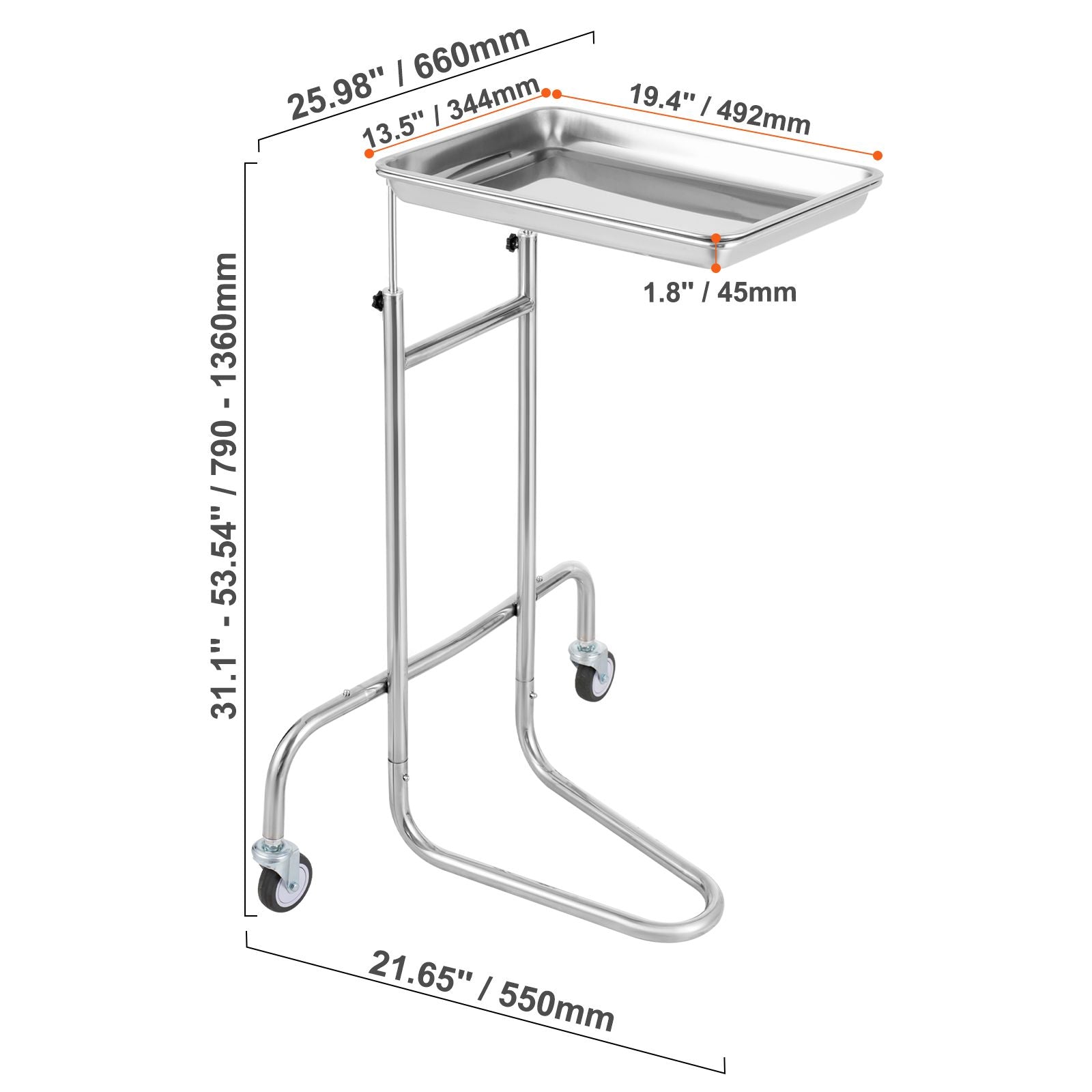 Stainless Steel Lab Cart with Single Tray & 2 Silent Wheels for Lab Clinic