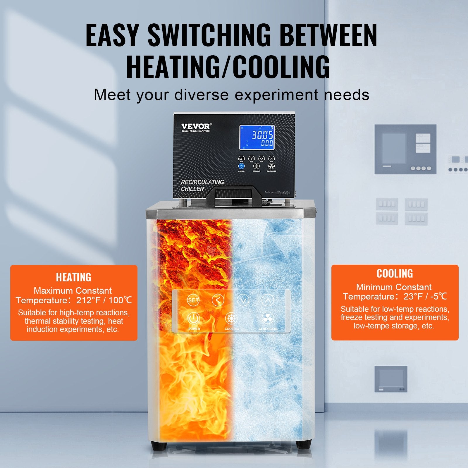 Laboratory Chiller Circulator, 6L Chiller Lab Low Temperature Cooling Liquid, 23°F-212°F Circulator Pump Chiller, LCD Display, 304 Stainless Steel Water Bath Recirculating Water Cooling Chiller