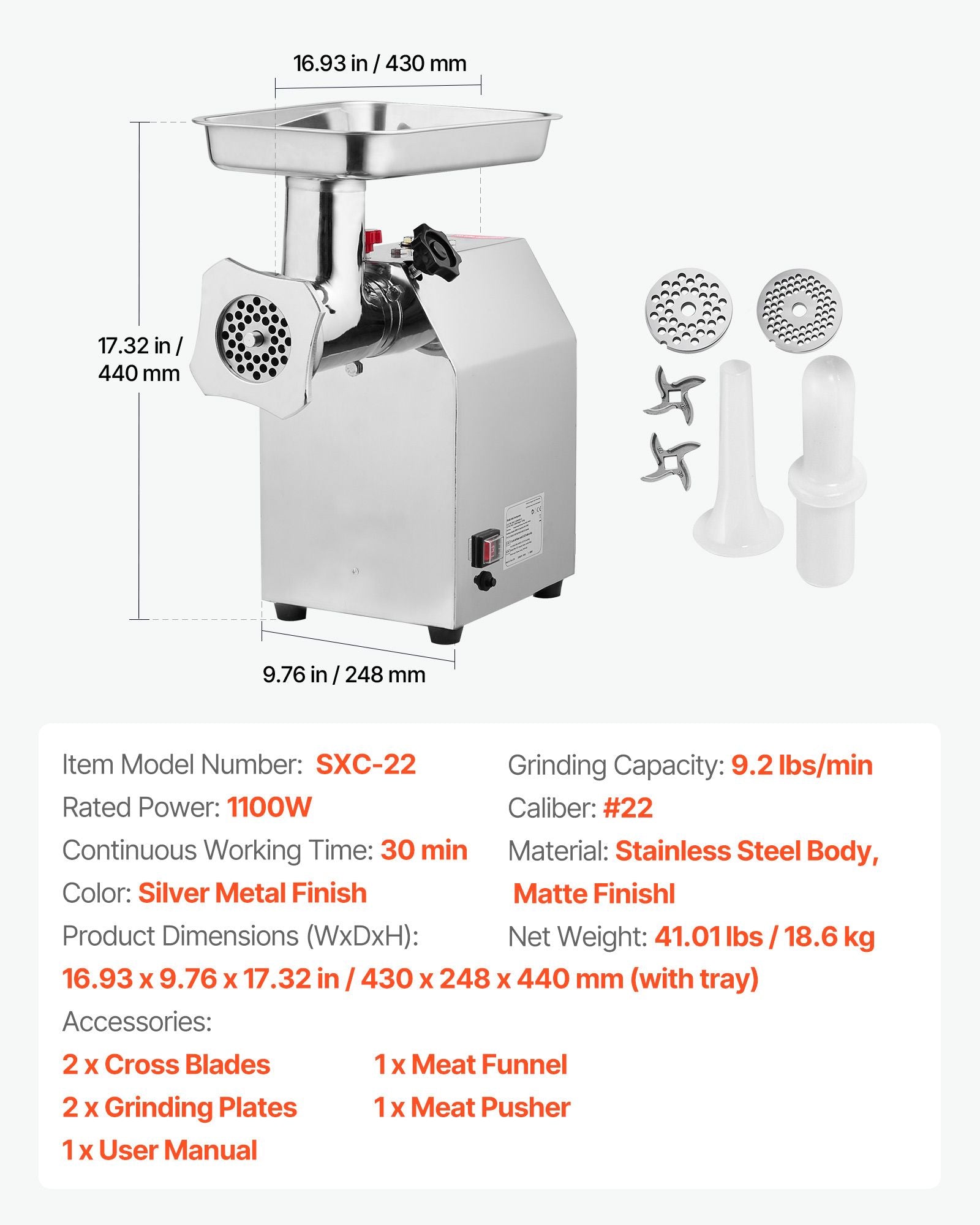 Commercial Electric Meat Grinder 9.2 Lbs/Min Sausage Stuffer Maker Kitchen