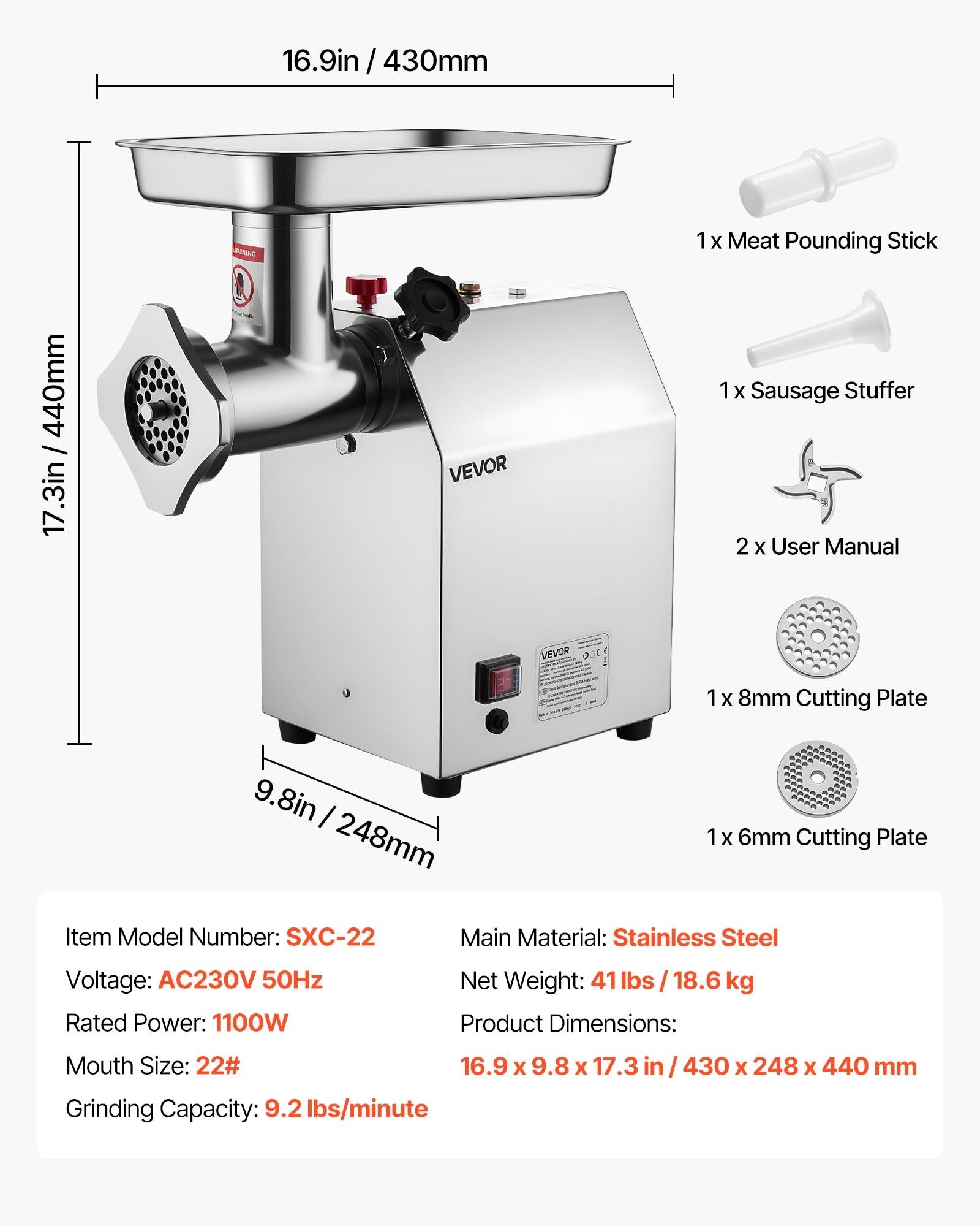 Commercial Electric Meat Grinder 9.2 Lbs/Min Sausage Stuffer Maker Kitchen