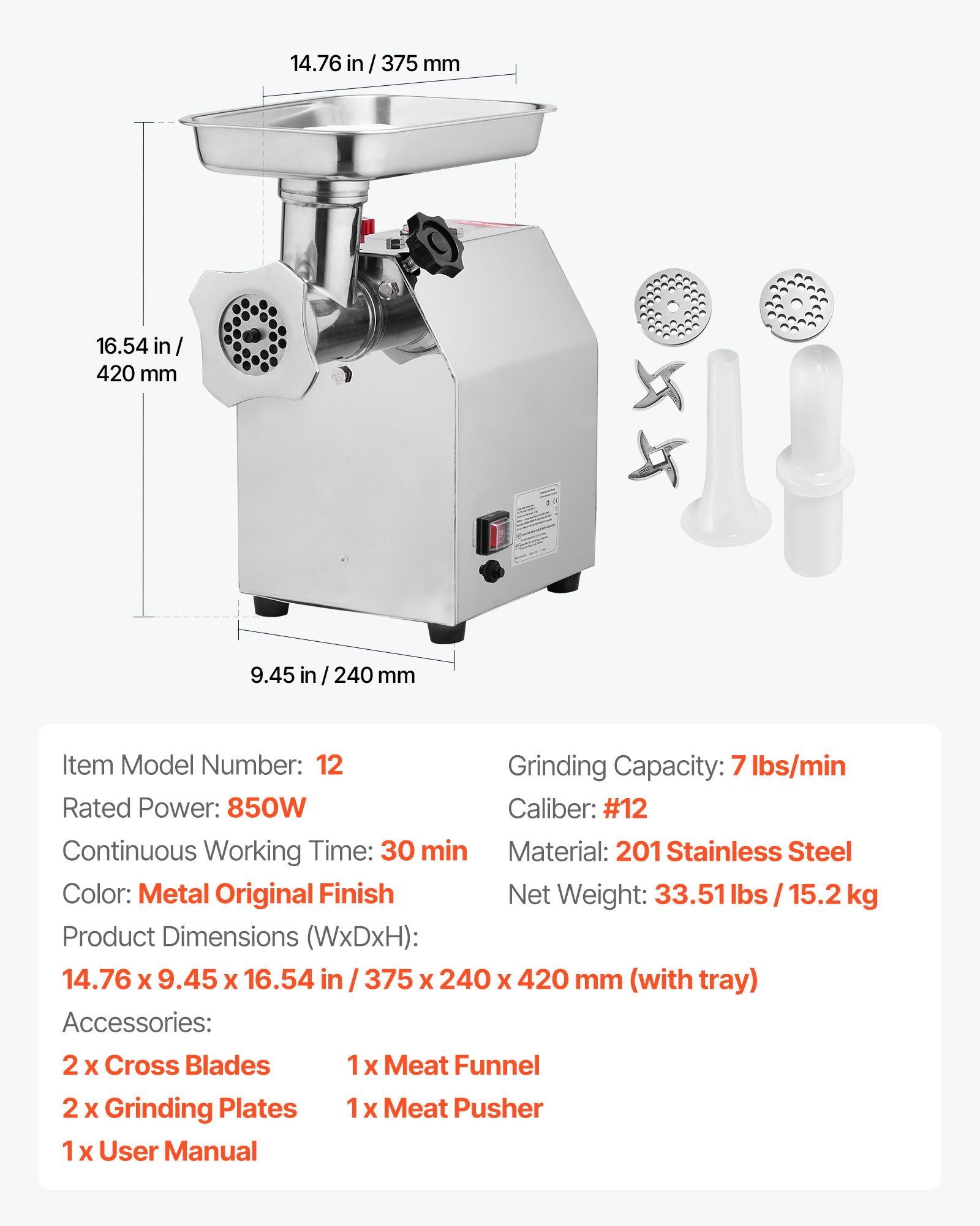 Commercial Electric Meat Grinder 5.5 Lbs/Min Sausage Stuffer Maker Kitchen