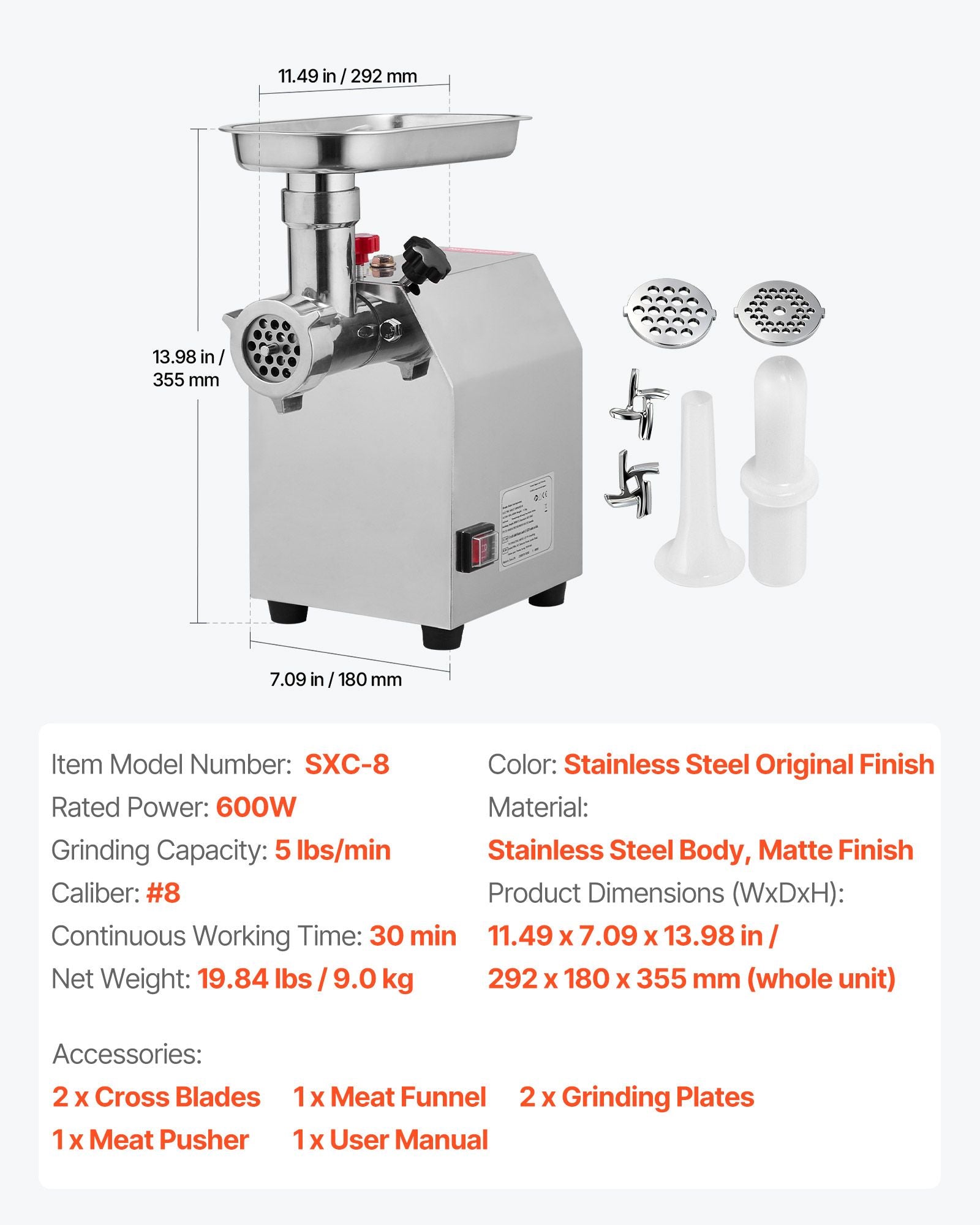 Commercial Electric Meat Grinder 4.5 Lbs/Min Sausage Stuffer Maker Kitchen