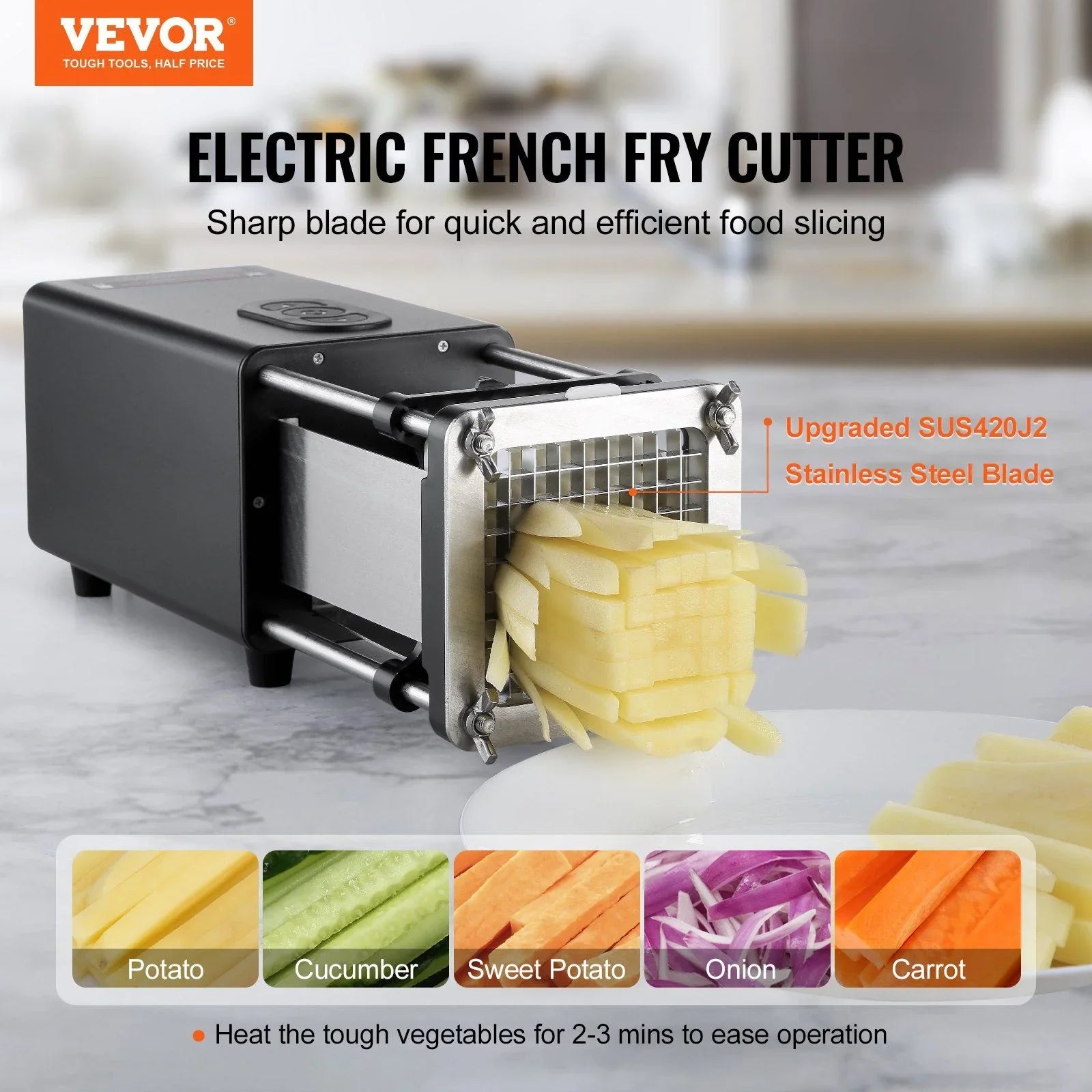 Electric French Fry Cutter, Potato Slicer with 1/2-Inch and 3/8-Inch Stainless Steel Blades, Potato Cutter Chopper w/ Anti-slip Feet, Great for Potato, French Fries, Cucumber, Vegetables, Carrot