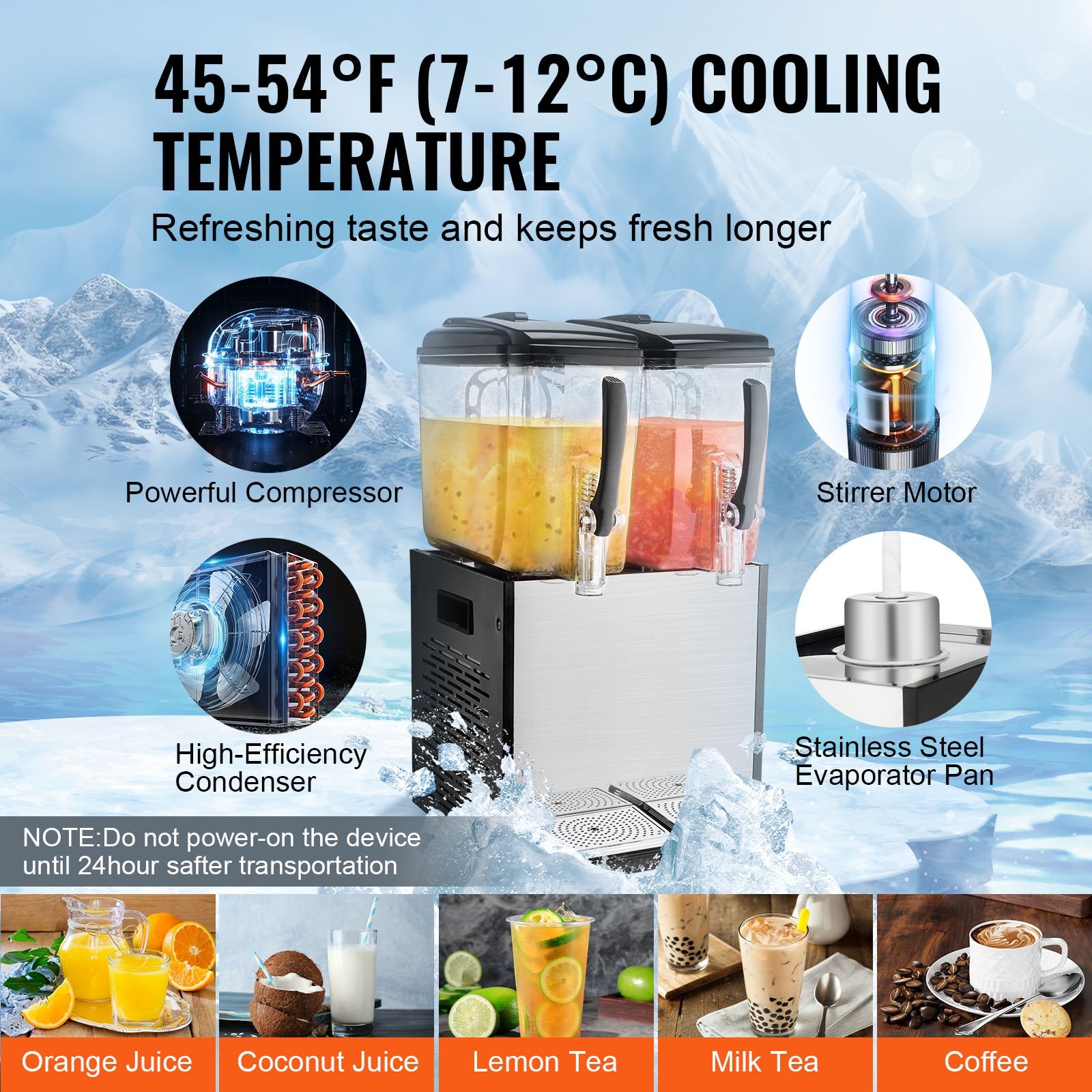 Commercial Beverage Dispenser, 2 Tanks 12 L Per Tank Juice Dispenser, 286W Stainless Steel Ice Tea Drink Machine with 7℃-12℃ Cooling Temperature, for Cold Drink Restaurant Bar Party