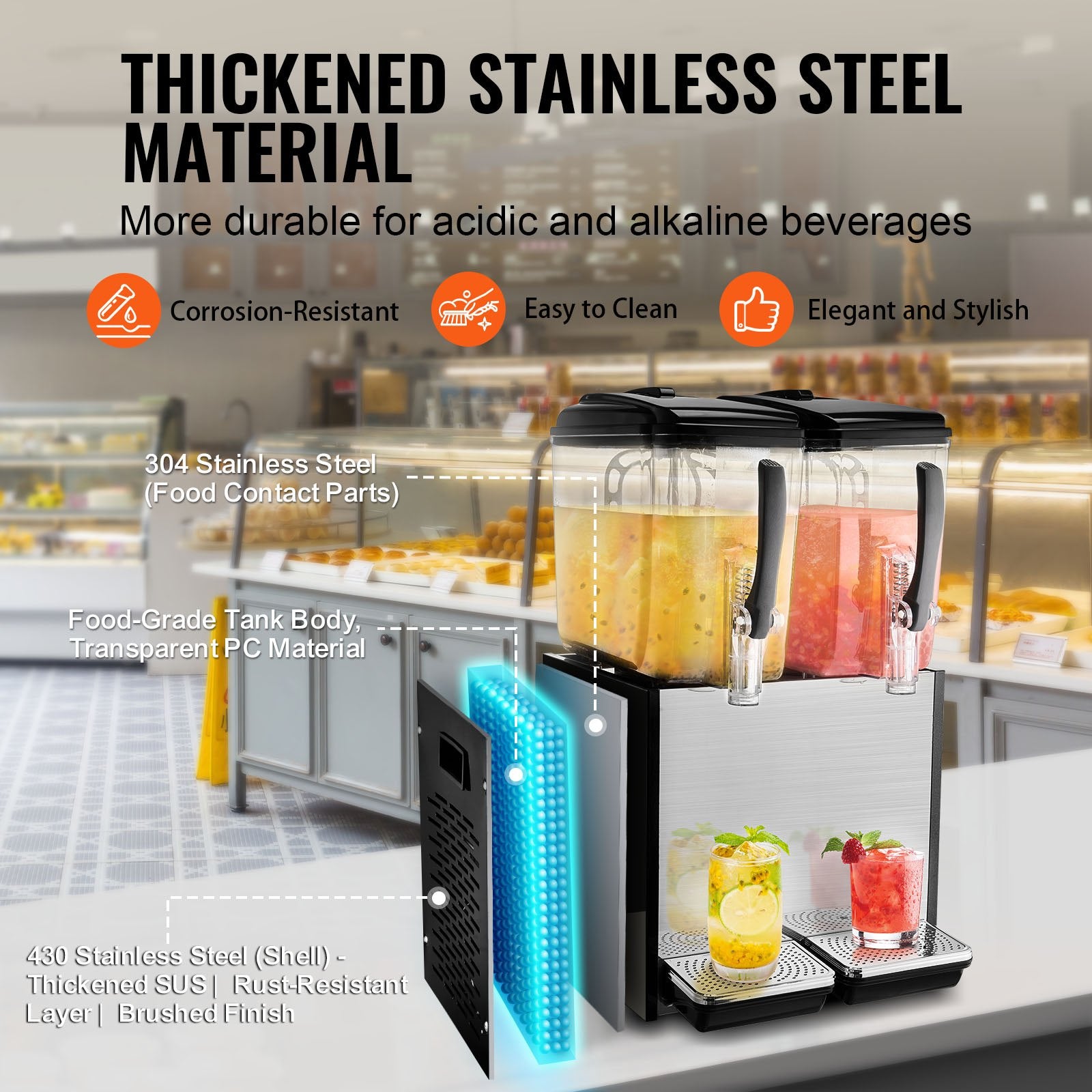 Commercial Beverage Dispenser, 2 Tanks 12 L Per Tank Juice Dispenser, 286W Stainless Steel Ice Tea Drink Machine with 7℃-12℃ Cooling Temperature, for Cold Drink Restaurant Bar Party