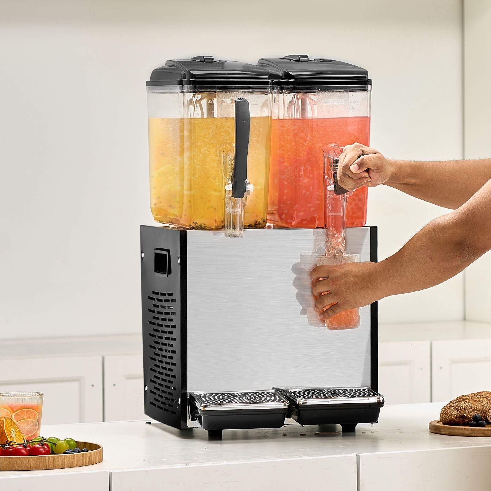 Commercial Beverage Dispenser, 2 Tanks 12 L Per Tank Juice Dispenser, 286W Stainless Steel Ice Tea Drink Machine with 7℃-12℃ Cooling Temperature, for Cold Drink Restaurant Bar Party