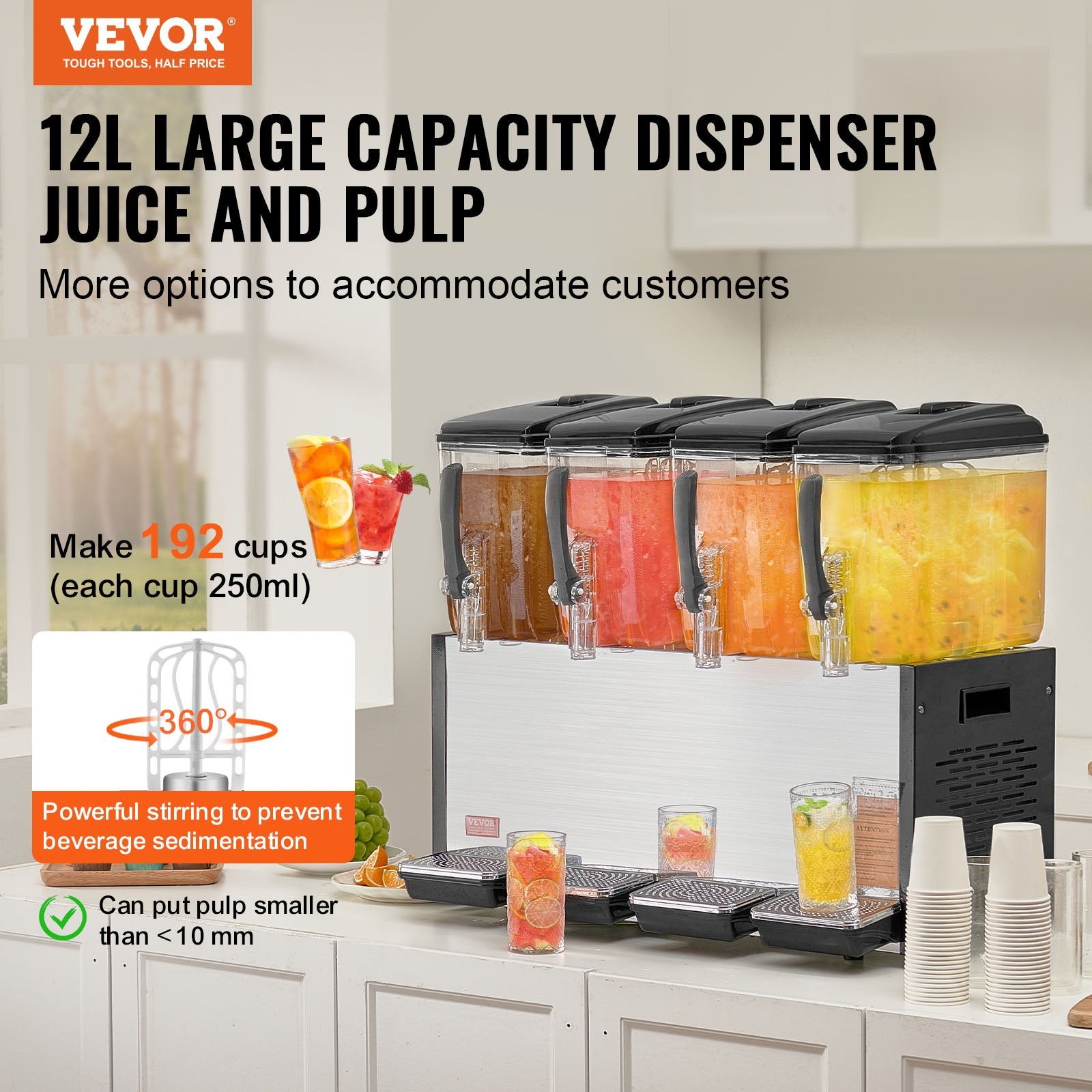Commercial Beverage Dispenser, 4 Tanks 12 L Per Tank Juice Dispenser, 510W Stainless Steel Ice Tea Drink Machine with 7℃-12℃ Cooling Temperature, for Cold Drink Restaurant Bar Party