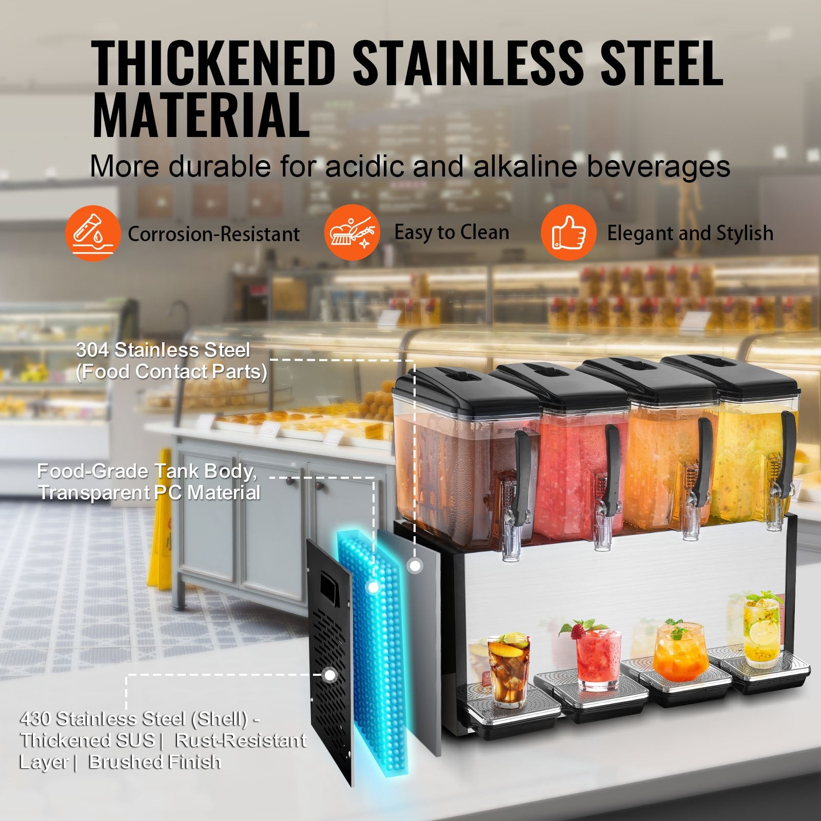 Commercial Beverage Dispenser, 4 Tanks 12 L Per Tank Juice Dispenser, 510W Stainless Steel Ice Tea Drink Machine with 7℃-12℃ Cooling Temperature, for Cold Drink Restaurant Bar Party