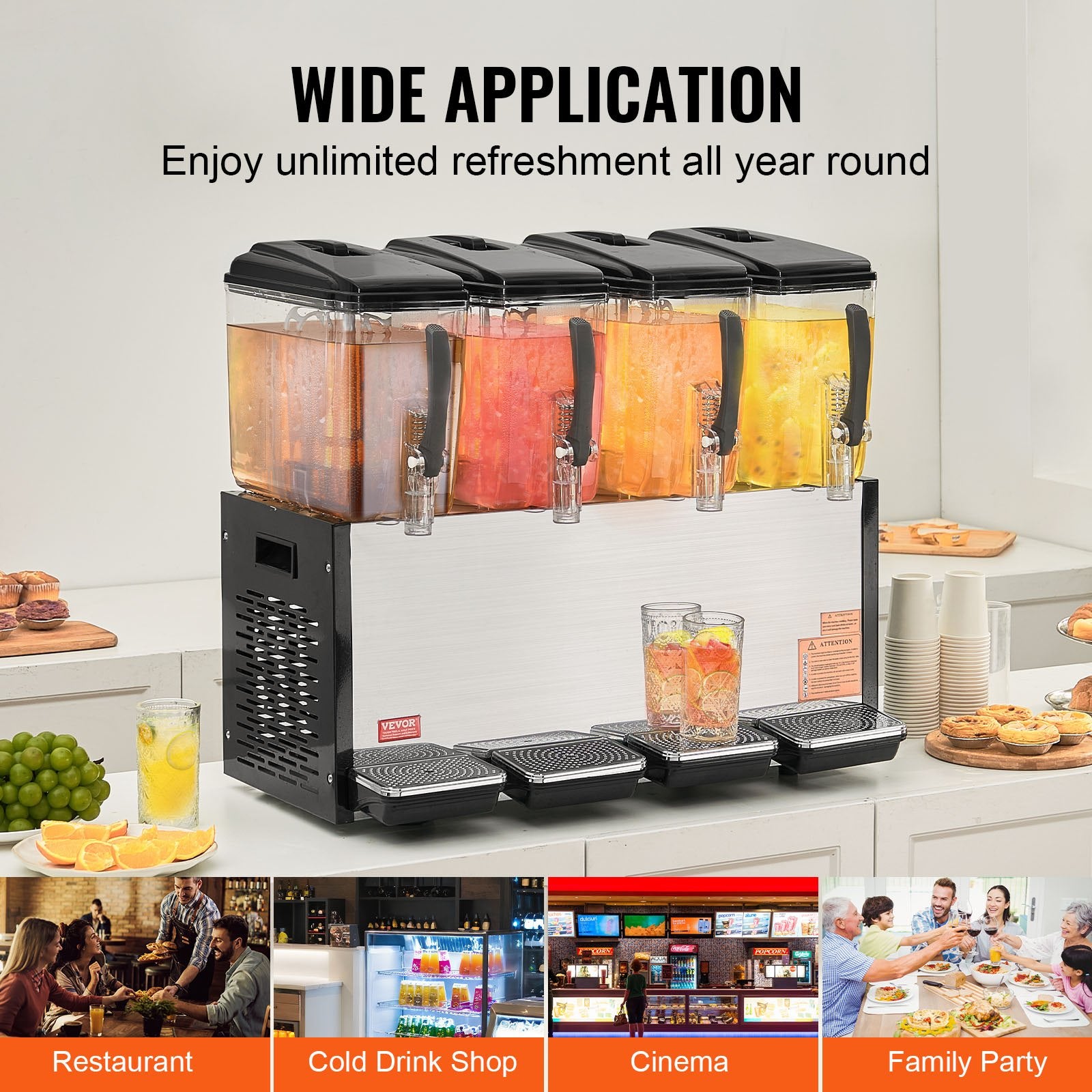 Commercial Beverage Dispenser, 4 Tanks 12 L Per Tank Juice Dispenser, 510W Stainless Steel Ice Tea Drink Machine with 7℃-12℃ Cooling Temperature, for Cold Drink Restaurant Bar Party