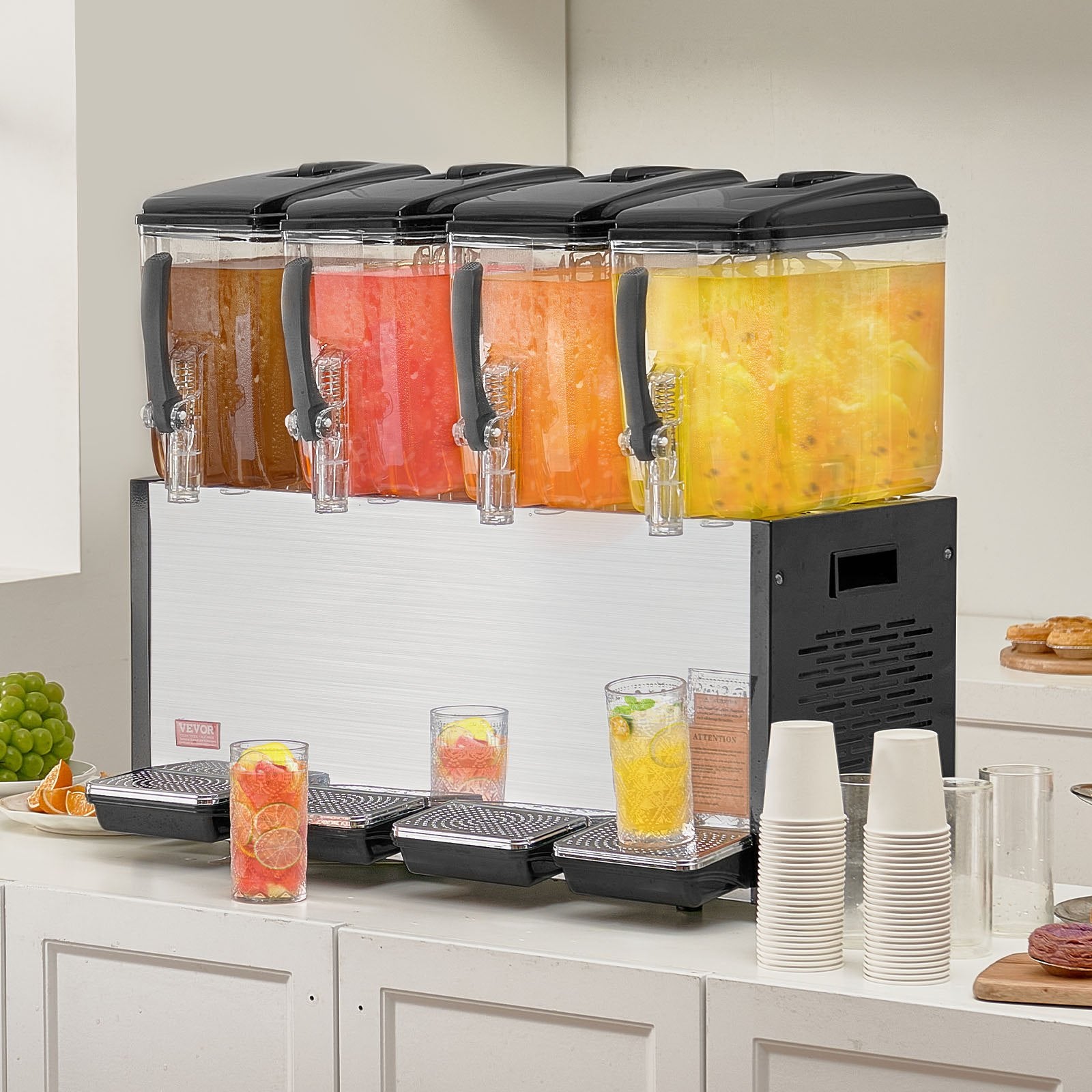 Commercial Beverage Dispenser, 4 Tanks 12 L Per Tank Juice Dispenser, 510W Stainless Steel Ice Tea Drink Machine with 7℃-12℃ Cooling Temperature, for Cold Drink Restaurant Bar Party