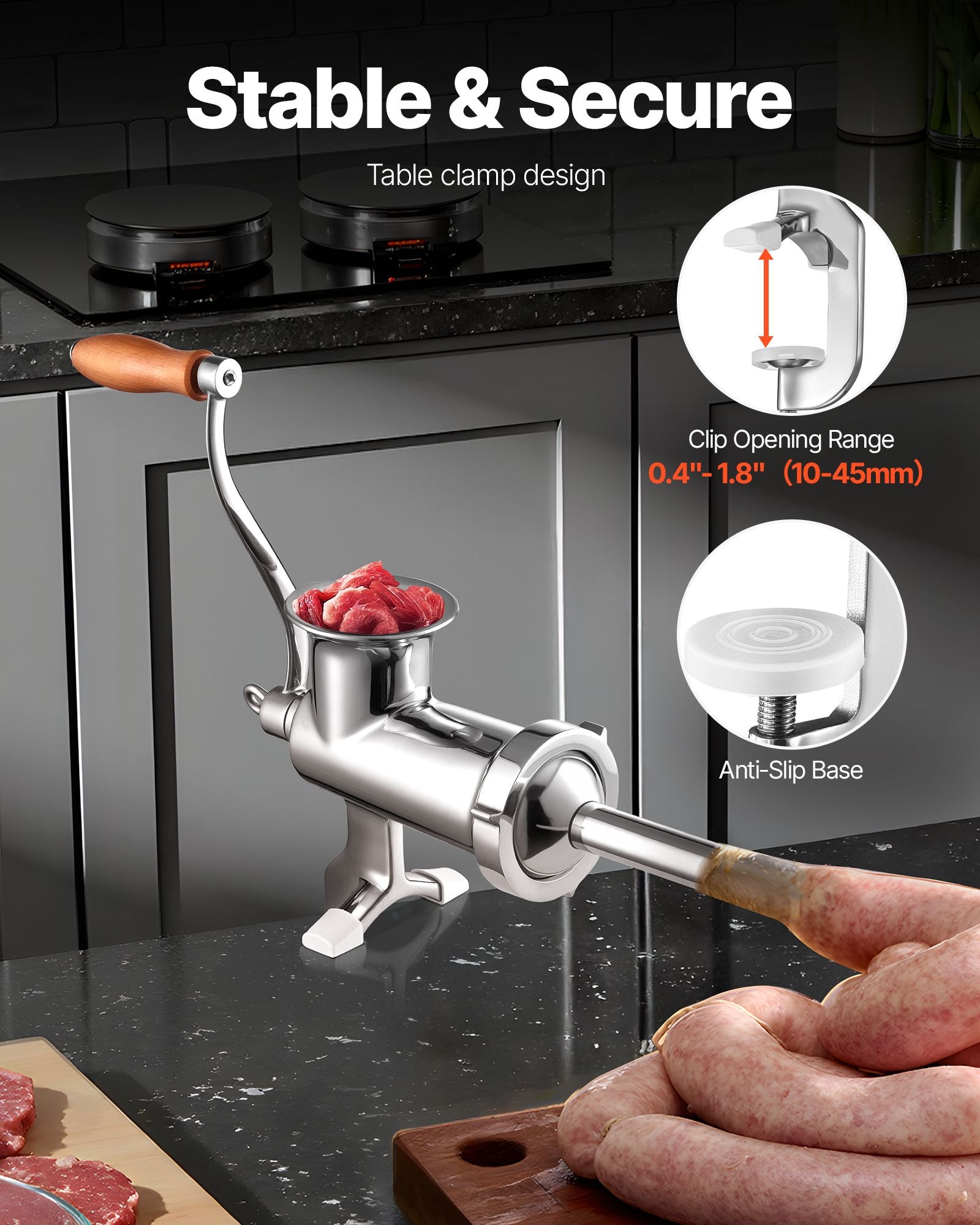 Heavy Duty Meat Grinder Manual Sausage Filler Stainless Steel with Clamp