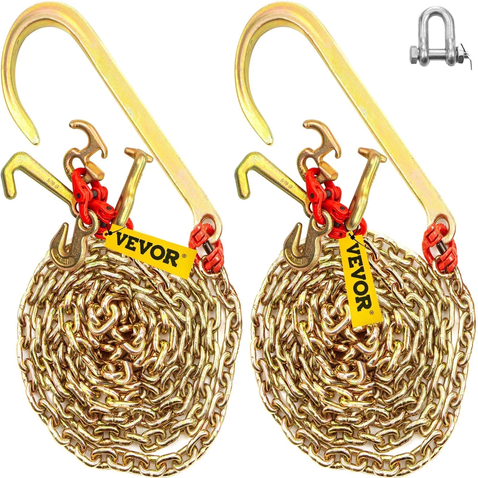 J Hook Chain, 2PCS 8 mm x 300 cm G80 Long Shank J Hook Tow Chain with RTJ Cluster Hook & Grab Hook, 2448 kg Working Load, Heavy Duty Transport Truck Chain for Wrecker Recovery Trailer Towing
