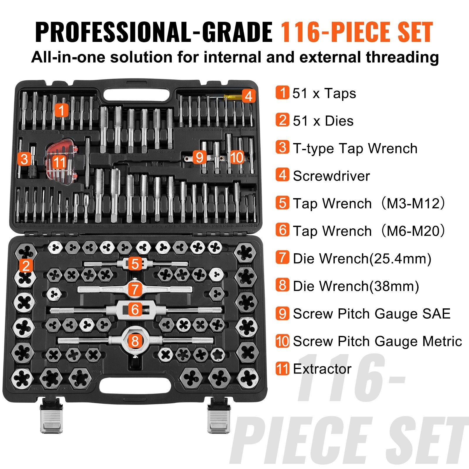 Tap and Die Set, 116-Piece Include Metric and SAE Size, Bearing Steel Taps and Dies, Essential Threading Tool for Cutting External Internal Threads, with Complete Accessories and Storage Case