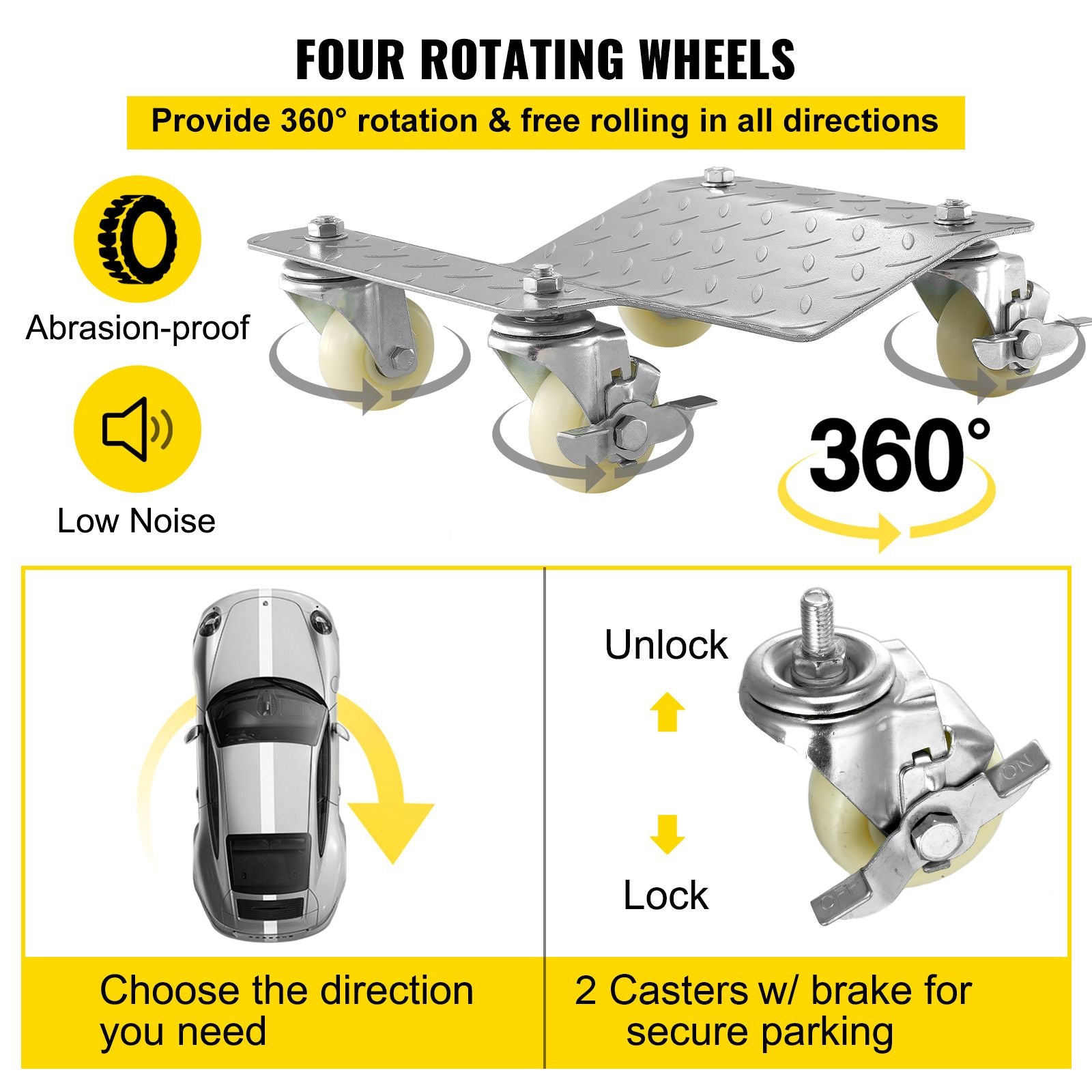 2 Pack Tire Wheel Dollies 2200lb Car Skates 12x16in Steel Vehicle Dolly