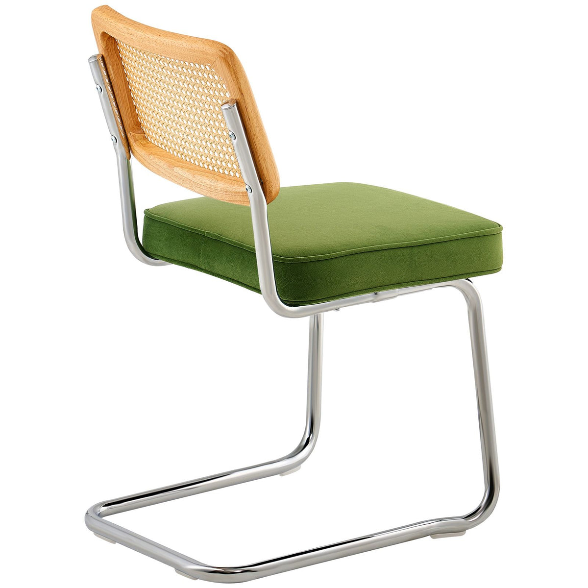 Rattan Chairs, Set of 2, Mid Century Modern Dining Chair, Upholstered Velvet Accent Chair with Rattan Back, Retro Dining Room Kitchen Chair for Living Room, Bedroom, Reading Room, Office, Green