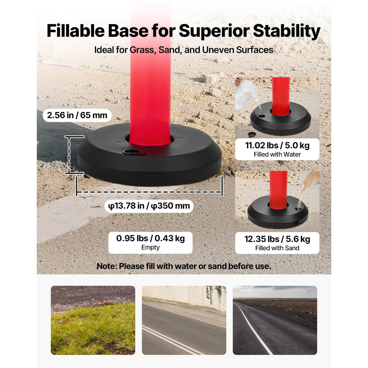 3 Pack Traffic Delineator Posts, 1140 mm Traffic Safety Cones with Fillable Base and Reflective Strips, Heavy Duty Delineator Posts for Construction Site, Parking Lot, Crowd Control, Red